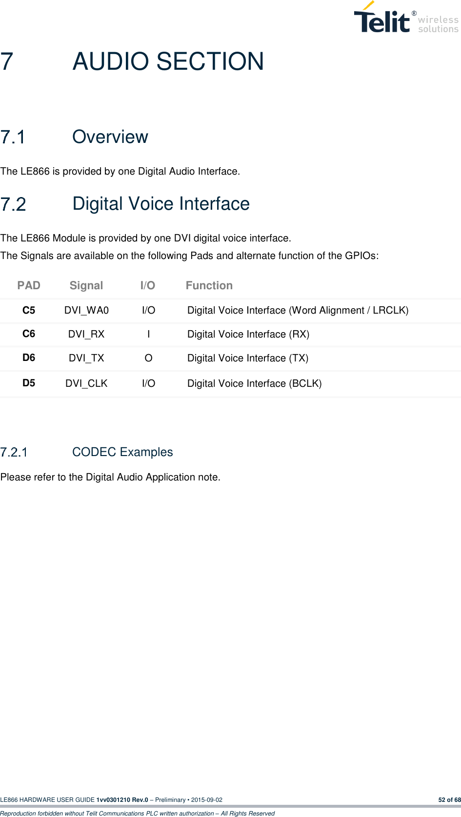  LE866 HARDWARE USER GUIDE 1vv0301210 Rev.0 – Preliminary • 2015-09-02 52 of 68 Reproduction forbidden without Telit Communications PLC written authorization – All Rights Reserved 7  AUDIO SECTION   Overview The LE866 is provided by one Digital Audio Interface.   Digital Voice Interface The LE866 Module is provided by one DVI digital voice interface. The Signals are available on the following Pads and alternate function of the GPIOs: PAD Signal I/O Function C5 DVI_WA0 I/O Digital Voice Interface (Word Alignment / LRCLK) C6 DVI_RX I Digital Voice Interface (RX) D6 DVI_TX O Digital Voice Interface (TX) D5 DVI_CLK I/O Digital Voice Interface (BCLK)     CODEC Examples Please refer to the Digital Audio Application note.  