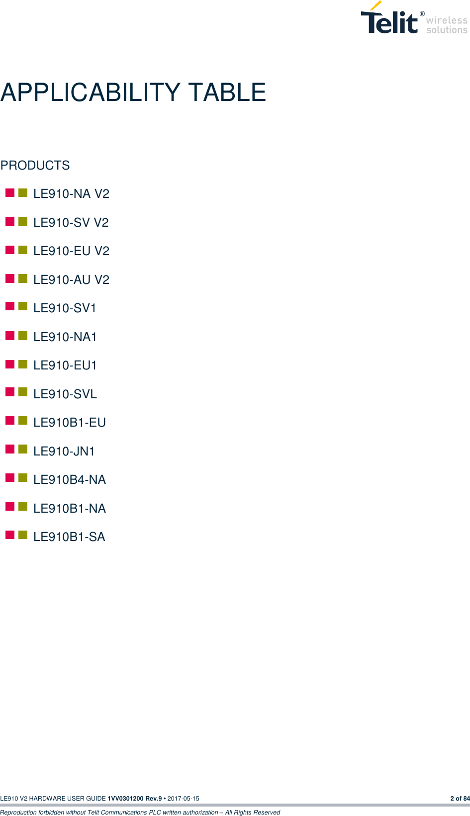  LE910 V2 HARDWARE USER GUIDE 1VV0301200 Rev.9 • 2017-05-15 2 of 84 Reproduction forbidden without Telit Communications PLC written authorization – All Rights Reserved APPLICABILITY TABLE PRODUCTS    LE910-NA V2    LE910-SV V2    LE910-EU V2    LE910-AU V2    LE910-SV1    LE910-NA1    LE910-EU1    LE910-SVL    LE910B1-EU    LE910-JN1    LE910B4-NA    LE910B1-NA    LE910B1-SA                           