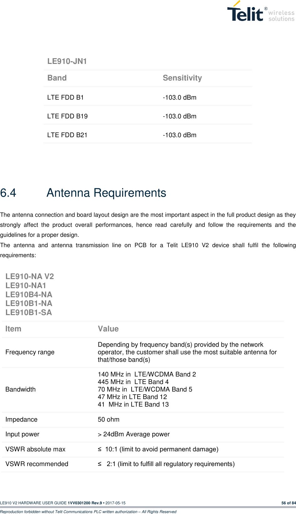   LE910 V2 HARDWARE USER GUIDE 1VV0301200 Rev.9 • 2017-05-15 56 of 84 Reproduction forbidden without Telit Communications PLC written authorization – All Rights Reserved           6.4  Antenna Requirements The antenna connection and board layout design are the most important aspect in the full product design as they strongly  affect  the  product  overall  performances,  hence  read  carefully  and  follow  the  requirements  and  the guidelines for a proper design. The  antenna  and  antenna  transmission  line  on  PCB  for  a  Telit  LE910  V2  device  shall  fulfil  the  following requirements:  LE910-JN1 Band Sensitivity LTE FDD B1 -103.0 dBm LTE FDD B19 -103.0 dBm LTE FDD B21 -103.0 dBm LE910-NA V2 LE910-NA1 LE910B4-NA LE910B1-NA LE910B1-SA  Item Value Frequency range Depending by frequency band(s) provided by the network operator, the customer shall use the most suitable antenna for that/those band(s) Bandwidth 140 MHz in  LTE/WCDMA Band 2 445 MHz in  LTE Band 4 70 MHz in  LTE/WCDMA Band 5 47 MHz in LTE Band 12 41  MHz in LTE Band 13 Impedance 50 ohm Input power &gt; 24dBm Average power VSWR absolute max ≤  10:1 (limit to avoid permanent damage) VSWR recommended ≤   2:1 (limit to fulfill all regulatory requirements) 