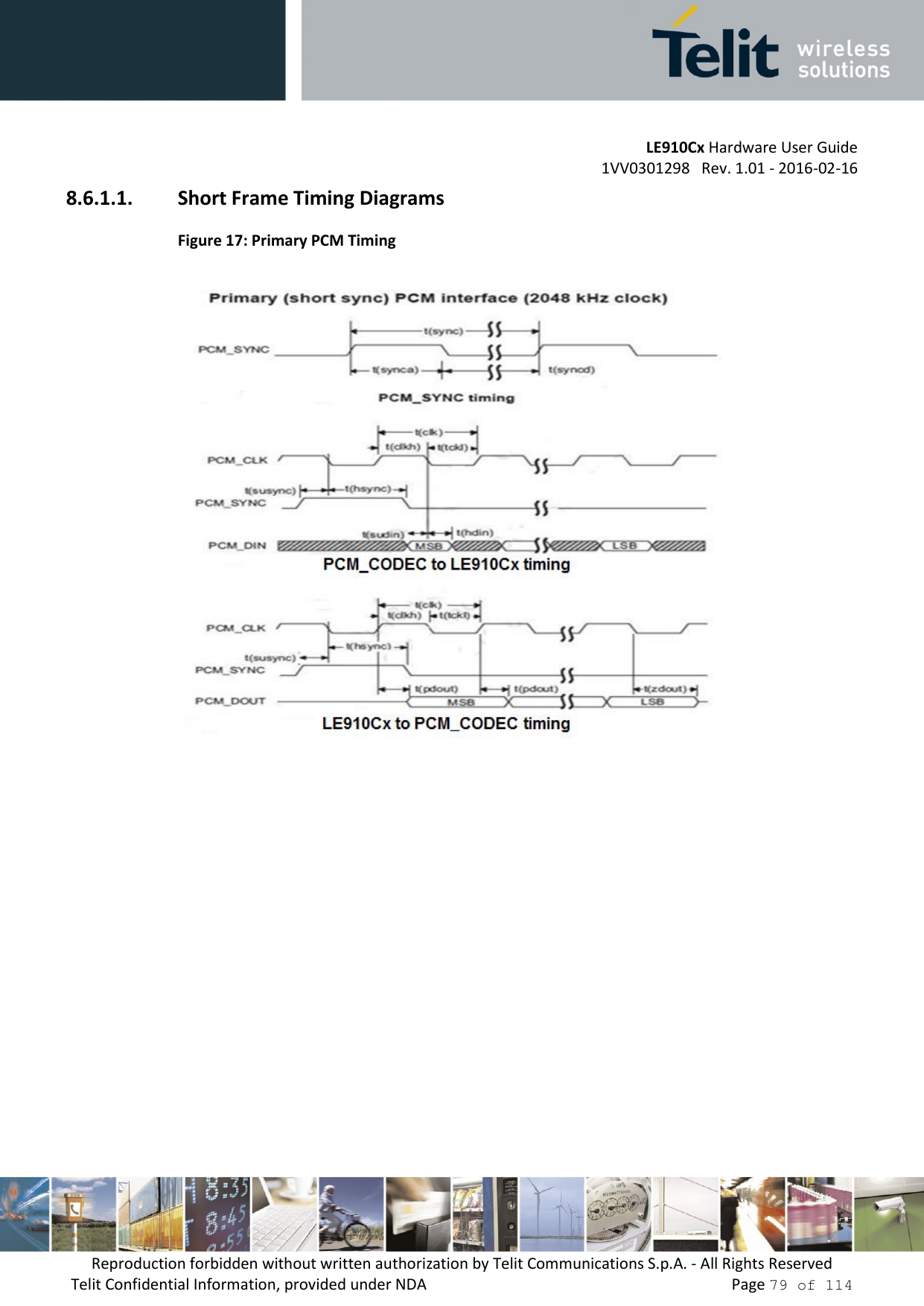 LE910Cx Hardware User Guide 1VV0301298   Rev. 1.01 - 2016-02-16 Reproduction forbidden without written authorization by Telit Communications S.p.A. - All Rights Reserved Telit Confidential Information, provided under NDA   Page 79 of 114 8.6.1.1. Short Frame Timing Diagrams Figure 17: Primary PCM Timing 