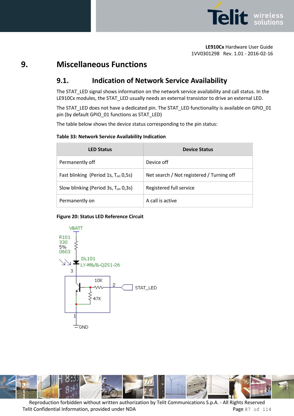         LE910Cx Hardware User Guide     1VV0301298   Rev. 1.01 - 2016-02-16 Reproduction forbidden without written authorization by Telit Communications S.p.A. - All Rights Reserved Telit Confidential Information, provided under NDA                 Page 87 of 114 9. Miscellaneous Functions 9.1. Indication of Network Service Availability The STAT_LED signal shows information on the network service availability and call status. In the LE910Cx modules, the STAT_LED usually needs an external transistor to drive an external LED. The STAT_LED does not have a dedicated pin. The STAT_LED functionality is available on GPIO_01 pin (by default GPIO_01 functions as STAT_LED) The table below shows the device status corresponding to the pin status: Table 33: Network Service Availability Indication LED Status Device Status Permanently off Device off Fast blinking  (Period 1s, Ton 0,5s) Net search / Not registered / Turning off Slow blinking (Period 3s, Ton 0,3s) Registered full service Permanently on A call is active Figure 20: Status LED Reference Circuit       