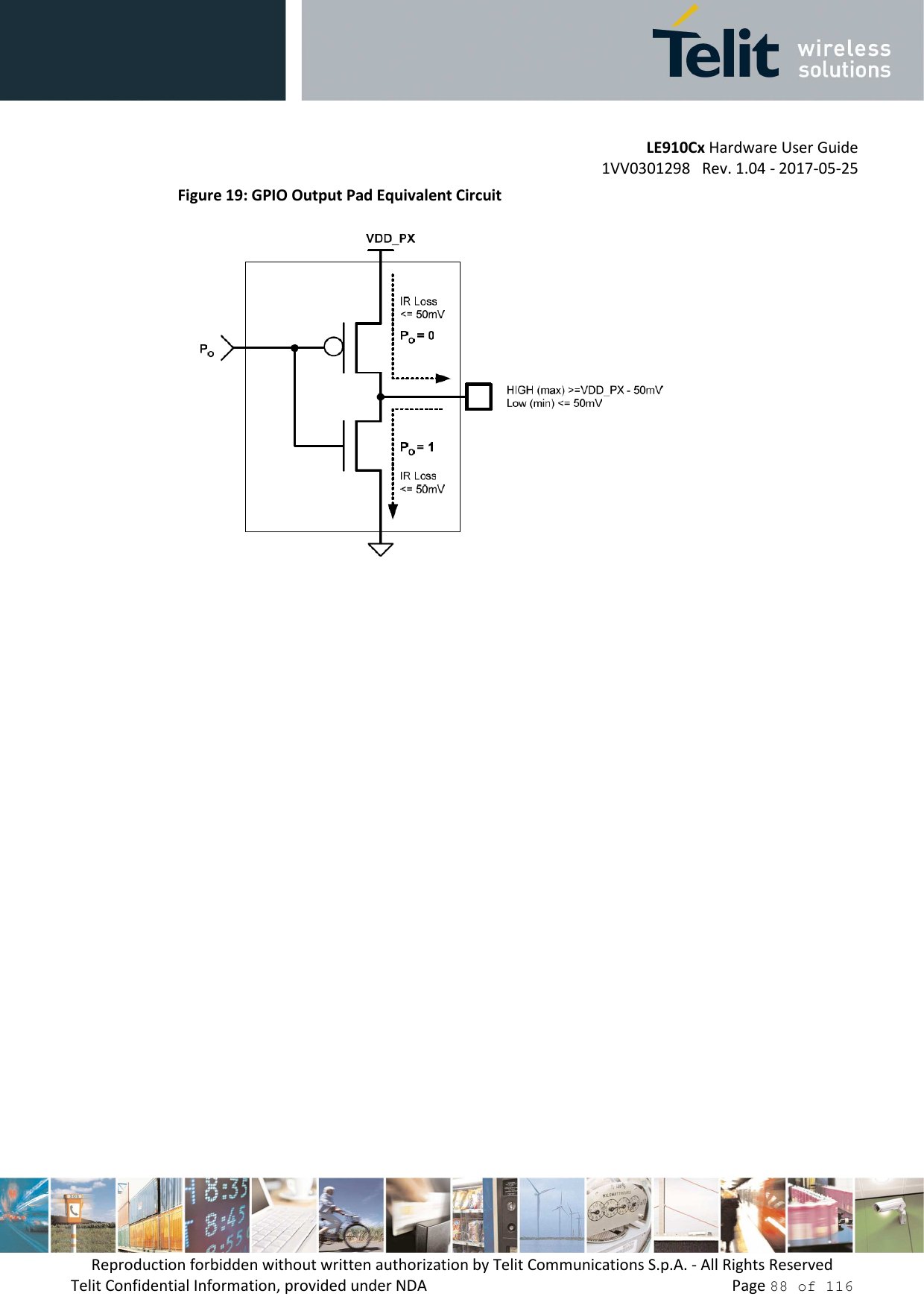         LE910Cx Hardware User Guide 1VV0301298   Rev. 1.04 - 2017-05-25 Reproduction forbidden without written authorization by Telit Communications S.p.A. - All Rights Reserved Telit Confidential Information, provided under NDA                 Page 88 of 116 Figure 19: GPIO Output Pad Equivalent Circuit  