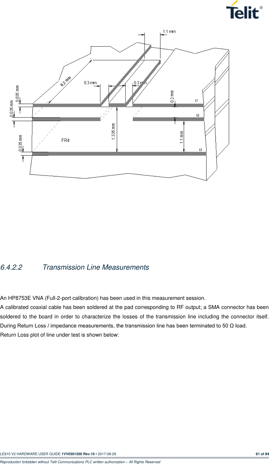   LE910 V2 HARDWARE USER GUIDE 1VV0301200 Rev.10 • 2017-08-29  61 of 84 Reproduction forbidden without Telit Communications PLC written authorization – All Rights Reserved                                 6.4.2.2  Transmission Line Measurements  An HP8753E VNA (Full-2-port calibration) has been used in this measurement session.  A calibrated coaxial cable has been soldered at the pad corresponding to RF output; a SMA connector has been soldered to the board in order to characterize the losses of the transmission line including the connector itself. During Return Loss / impedance measurements, the transmission line has been terminated to 50 Ω load. Return Loss plot of line under test is shown below: 