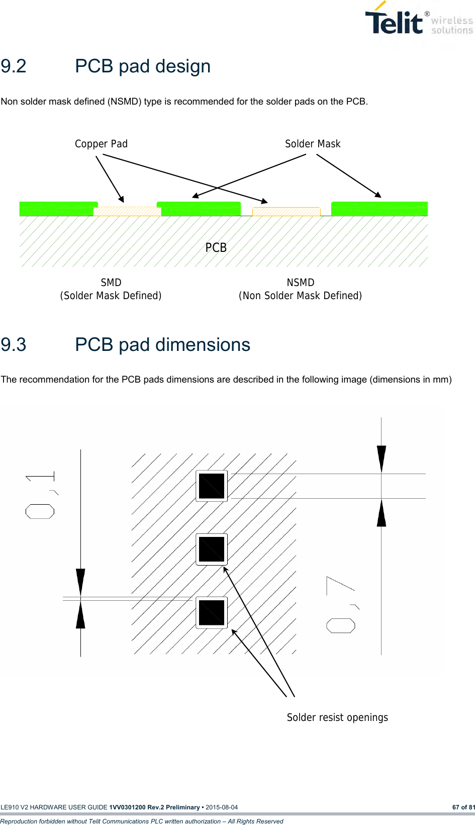   LE910 V2 HARDWARE USER GUIDE 1VV0301200 Rev.2 Preliminary • 2015-08-04 67 of 81 Reproduction forbidden without Telit Communications PLC written authorization – All Rights Reserved 9.2  PCB pad design Non solder mask defined (NSMD) type is recommended for the solder pads on the PCB.                  9.3  PCB pad dimensions The recommendation for the PCB pads dimensions are described in the following image (dimensions in mm)                                       PCB Copper PadSolder Mask SMD (Solder Mask Defined) NSMD (Non Solder Mask Defined) Solder resist openings 