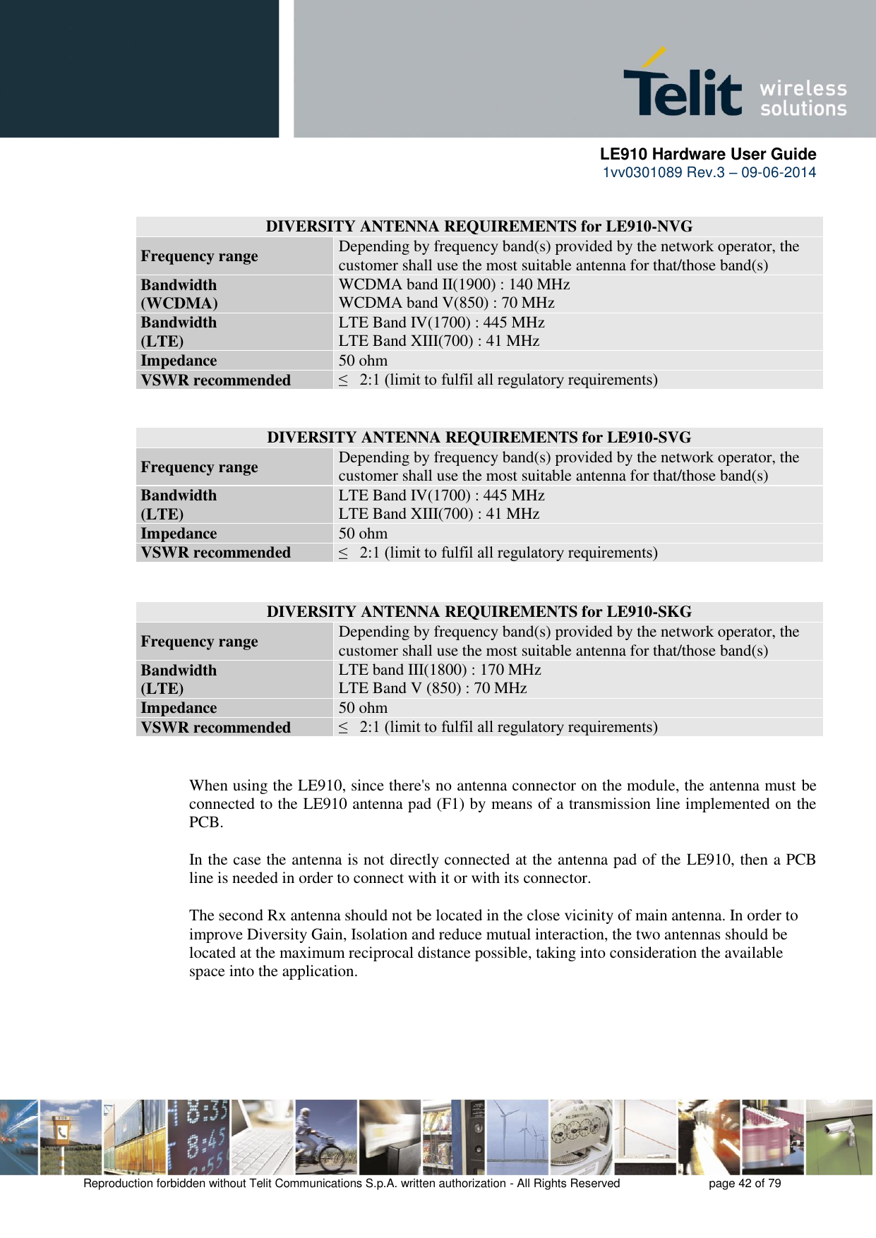      LE910 Hardware User Guide 1vv0301089 Rev.3 – 09-06-2014    Reproduction forbidden without Telit Communications S.p.A. written authorization - All Rights Reserved    page 42 of 79   DIVERSITY ANTENNA REQUIREMENTS for LE910-NVG Frequency range Depending by frequency band(s) provided by the network operator, the customer shall use the most suitable antenna for that/those band(s) Bandwidth  (WCDMA) WCDMA band II(1900) : 140 MHz  WCDMA band V(850) : 70 MHz  Bandwidth  (LTE) LTE Band IV(1700) : 445 MHz  LTE Band XIII(700) : 41 MHz  Impedance 50 ohm VSWR recommended ≤   2:1 (limit to fulfil all regulatory requirements)   DIVERSITY ANTENNA REQUIREMENTS for LE910-SVG Frequency range Depending by frequency band(s) provided by the network operator, the customer shall use the most suitable antenna for that/those band(s) Bandwidth  (LTE) LTE Band IV(1700) : 445 MHz  LTE Band XIII(700) : 41 MHz  Impedance 50 ohm VSWR recommended ≤   2:1 (limit to fulfil all regulatory requirements)  DIVERSITY ANTENNA REQUIREMENTS for LE910-SKG Frequency range Depending by frequency band(s) provided by the network operator, the customer shall use the most suitable antenna for that/those band(s) Bandwidth  (LTE) LTE band III(1800) : 170 MHz  LTE Band V (850) : 70 MHz  Impedance 50 ohm VSWR recommended ≤   2:1 (limit to fulfil all regulatory requirements)  When using the LE910, since there&apos;s no antenna connector on the module, the antenna must be connected to the LE910 antenna pad (F1) by means of a transmission line implemented on the PCB.  In the case the antenna is not directly connected at the antenna pad of the LE910, then a PCB line is needed in order to connect with it or with its connector.   The second Rx antenna should not be located in the close vicinity of main antenna. In order to improve Diversity Gain, Isolation and reduce mutual interaction, the two antennas should be located at the maximum reciprocal distance possible, taking into consideration the available space into the application.  