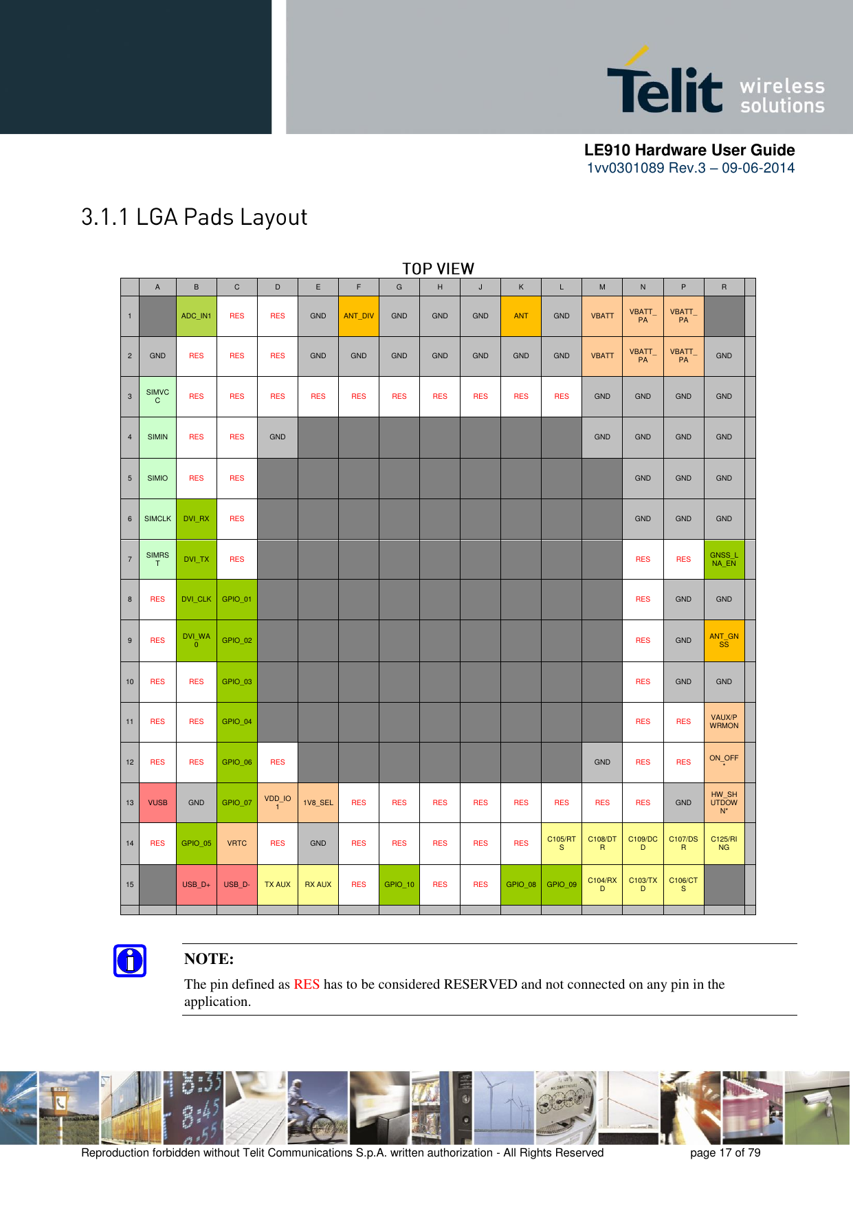      LE910 Hardware User Guide 1vv0301089 Rev.3 – 09-06-2014    Reproduction forbidden without Telit Communications S.p.A. written authorization - All Rights Reserved    page 17 of 79     A B C D E F G  H J K L M N P R    1   ADC_IN1 RES RES GND ANT_DIV GND GND GND ANT GND VBATT VBATT_PA VBATT_PA     2 GND RES RES RES GND GND GND GND GND GND GND VBATT VBATT_PA VBATT_PA GND   3 SIMVCC RES RES RES RES RES RES RES RES RES RES GND GND GND GND   4 SIMIN RES RES GND               GND GND GND GND   5 SIMIO RES RES                   GND GND GND   6 SIMCLK DVI_RX RES                   GND GND GND   7 SIMRST DVI_TX RES                   RES RES GNSS_LNA_EN   8 RES DVI_CLK GPIO_01                   RES GND GND   9 RES DVI_WA0 GPIO_02                   RES GND ANT_GNSS   10 RES RES GPIO_03                   RES GND GND   11 RES RES GPIO_04                   RES RES VAUX/PWRMON   12 RES RES GPIO_06 RES               GND RES RES ON_OFF*   13 VUSB GND GPIO_07 VDD_IO1 1V8_SEL RES RES RES RES RES RES RES RES GND HW_SHUTDOWN*   14 RES GPIO_05 VRTC RES GND RES RES RES RES RES C105/RTS C108/DTR C109/DCD C107/DSR C125/RING   15   USB_D+ USB_D- TX AUX RX AUX RES GPIO_10 RES RES GPIO_08 GPIO_09 C104/RXD C103/TXD C106/CTS                                       NOTE: The pin defined as RES has to be considered RESERVED and not connected on any pin in the application. 