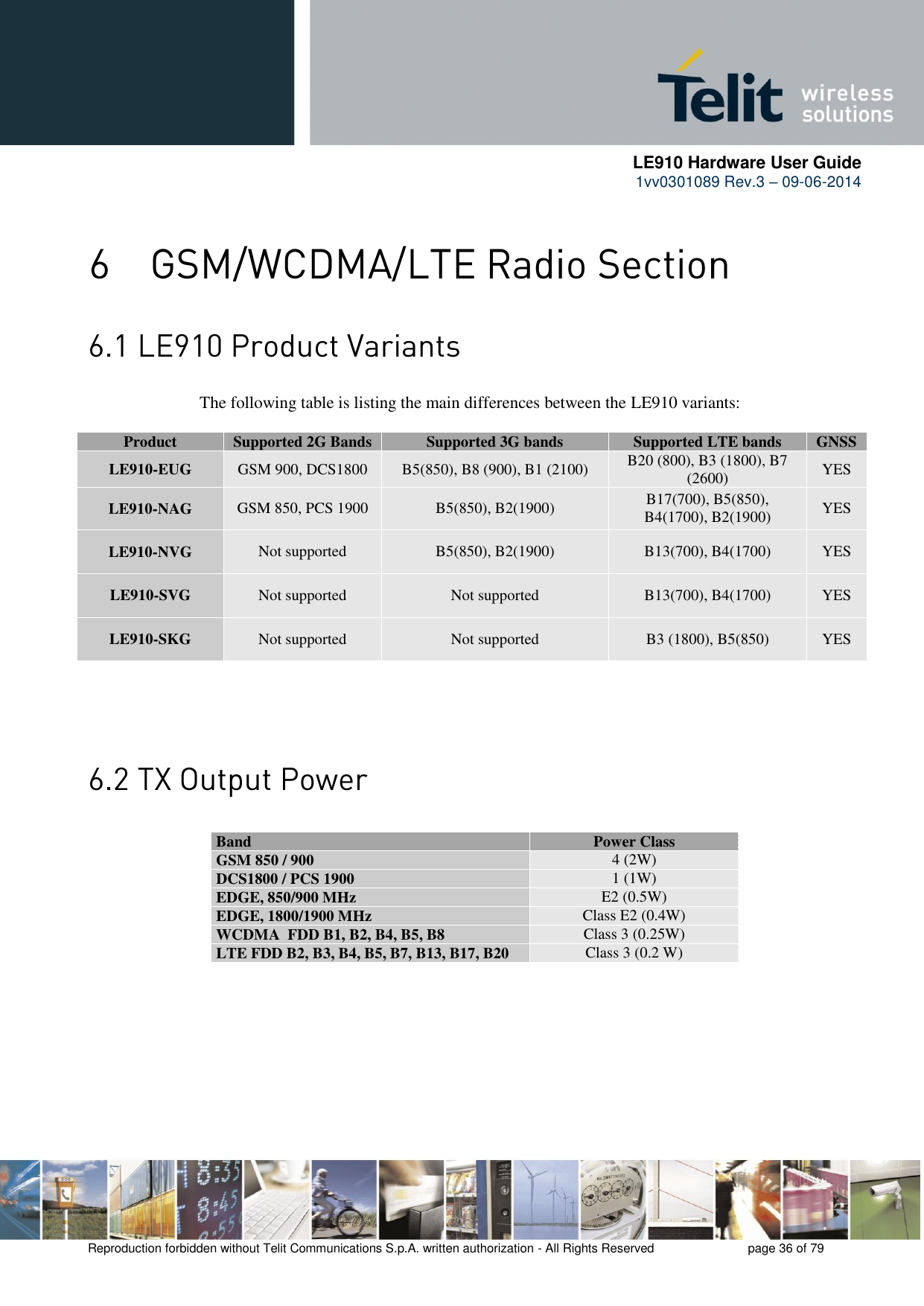      LE910 Hardware User Guide 1vv0301089 Rev.3 – 09-06-2014    Reproduction forbidden without Telit Communications S.p.A. written authorization - All Rights Reserved    page 36 of 79     The following table is listing the main differences between the LE910 variants:  Product Supported 2G Bands Supported 3G bands Supported LTE bands GNSS LE910-EUG GSM 900, DCS1800 B5(850), B8 (900), B1 (2100) B20 (800), B3 (1800), B7 (2600) YES LE910-NAG GSM 850, PCS 1900 B5(850), B2(1900) B17(700), B5(850), B4(1700), B2(1900) YES LE910-NVG Not supported B5(850), B2(1900) B13(700), B4(1700) YES LE910-SVG Not supported Not supported B13(700), B4(1700) YES LE910-SKG Not supported Not supported B3 (1800), B5(850) YES                   Band Power Class GSM 850 / 900 4 (2W) DCS1800 / PCS 1900 1 (1W) EDGE, 850/900 MHz E2 (0.5W) EDGE, 1800/1900 MHz Class E2 (0.4W) WCDMA  FDD B1, B2, B4, B5, B8 Class 3 (0.25W) LTE FDD B2, B3, B4, B5, B7, B13, B17, B20 Class 3 (0.2 W) 