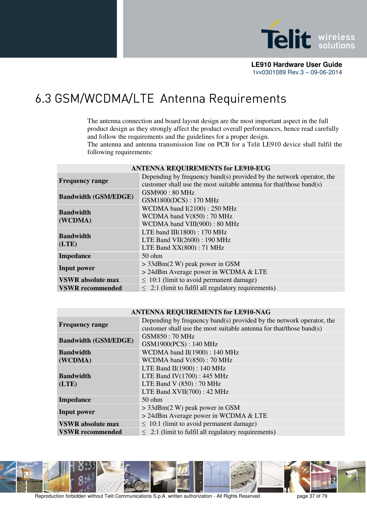      LE910 Hardware User Guide 1vv0301089 Rev.3 – 09-06-2014    Reproduction forbidden without Telit Communications S.p.A. written authorization - All Rights Reserved    page 37 of 79   The antenna connection and board layout design are the most important aspect in the full product design as they strongly affect the product overall performances, hence read carefully and follow the requirements and the guidelines for a proper design. The antenna and antenna transmission line on PCB for a Telit LE910 device shall fulfil the following requirements:   ANTENNA REQUIREMENTS for LE910-EUG Frequency range Depending by frequency band(s) provided by the network operator, the customer shall use the most suitable antenna for that/those band(s) Bandwidth (GSM/EDGE) GSM900 : 80 MHz  GSM1800(DCS) : 170 MHz  Bandwidth  (WCDMA) WCDMA band I(2100) : 250 MHz  WCDMA band V(850) : 70 MHz WCDMA band VIII(900) : 80 MHz  Bandwidth  (LTE) LTE band III(1800) : 170 MHz  LTE Band VII(2600) : 190 MHz  LTE Band XX(800) : 71 MHz  Impedance 50 ohm Input power &gt; 33dBm(2 W) peak power in GSM  &gt; 24dBm Average power in WCDMA &amp; LTE  VSWR absolute max ≤  10:1 (limit to avoid permanent damage) VSWR recommended ≤   2:1 (limit to fulfil all regulatory requirements)   ANTENNA REQUIREMENTS for LE910-NAG Frequency range Depending by frequency band(s) provided by the network operator, the customer shall use the most suitable antenna for that/those band(s) Bandwidth (GSM/EDGE) GSM850 : 70 MHz  GSM1900(PCS) : 140 MHz  Bandwidth  (WCDMA) WCDMA band II(1900) : 140 MHz  WCDMA band V(850) : 70 MHz  Bandwidth  (LTE) LTE Band II(1900) : 140 MHz  LTE Band IV(1700) : 445 MHz  LTE Band V (850) : 70 MHz  LTE Band XVII(700) : 42 MHz  Impedance 50 ohm Input power &gt; 33dBm(2 W) peak power in GSM  &gt; 24dBm Average power in WCDMA &amp; LTE  VSWR absolute max ≤  10:1 (limit to avoid permanent damage) VSWR recommended ≤   2:1 (limit to fulfil all regulatory requirements)  