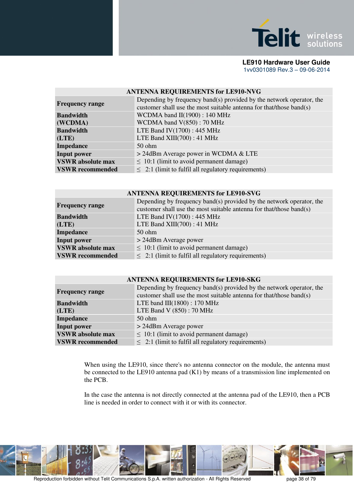      LE910 Hardware User Guide 1vv0301089 Rev.3 – 09-06-2014    Reproduction forbidden without Telit Communications S.p.A. written authorization - All Rights Reserved    page 38 of 79   ANTENNA REQUIREMENTS for LE910-NVG Frequency range Depending by frequency band(s) provided by the network operator, the customer shall use the most suitable antenna for that/those band(s) Bandwidth  (WCDMA) WCDMA band II(1900) : 140 MHz  WCDMA band V(850) : 70 MHz  Bandwidth  (LTE) LTE Band IV(1700) : 445 MHz  LTE Band XIII(700) : 41 MHz  Impedance 50 ohm Input power &gt; 24dBm Average power in WCDMA &amp; LTE  VSWR absolute max ≤  10:1 (limit to avoid permanent damage) VSWR recommended ≤   2:1 (limit to fulfil all regulatory requirements)  ANTENNA REQUIREMENTS for LE910-SVG Frequency range Depending by frequency band(s) provided by the network operator, the customer shall use the most suitable antenna for that/those band(s) Bandwidth  (LTE) LTE Band IV(1700) : 445 MHz  LTE Band XIII(700) : 41 MHz  Impedance 50 ohm Input power &gt; 24dBm Average power VSWR absolute max ≤  10:1 (limit to avoid permanent damage) VSWR recommended ≤   2:1 (limit to fulfil all regulatory requirements)  ANTENNA REQUIREMENTS for LE910-SKG Frequency range Depending by frequency band(s) provided by the network operator, the customer shall use the most suitable antenna for that/those band(s) Bandwidth  (LTE) LTE band III(1800) : 170 MHz  LTE Band V (850) : 70 MHz  Impedance 50 ohm Input power &gt; 24dBm Average power VSWR absolute max ≤  10:1 (limit to avoid permanent damage) VSWR recommended ≤   2:1 (limit to fulfil all regulatory requirements)   When using the LE910, since there&apos;s no antenna connector on the module, the antenna must be connected to the LE910 antenna pad (K1) by means of a transmission line implemented on the PCB.  In the case the antenna is not directly connected at the antenna pad of the LE910, then a PCB line is needed in order to connect with it or with its connector.  