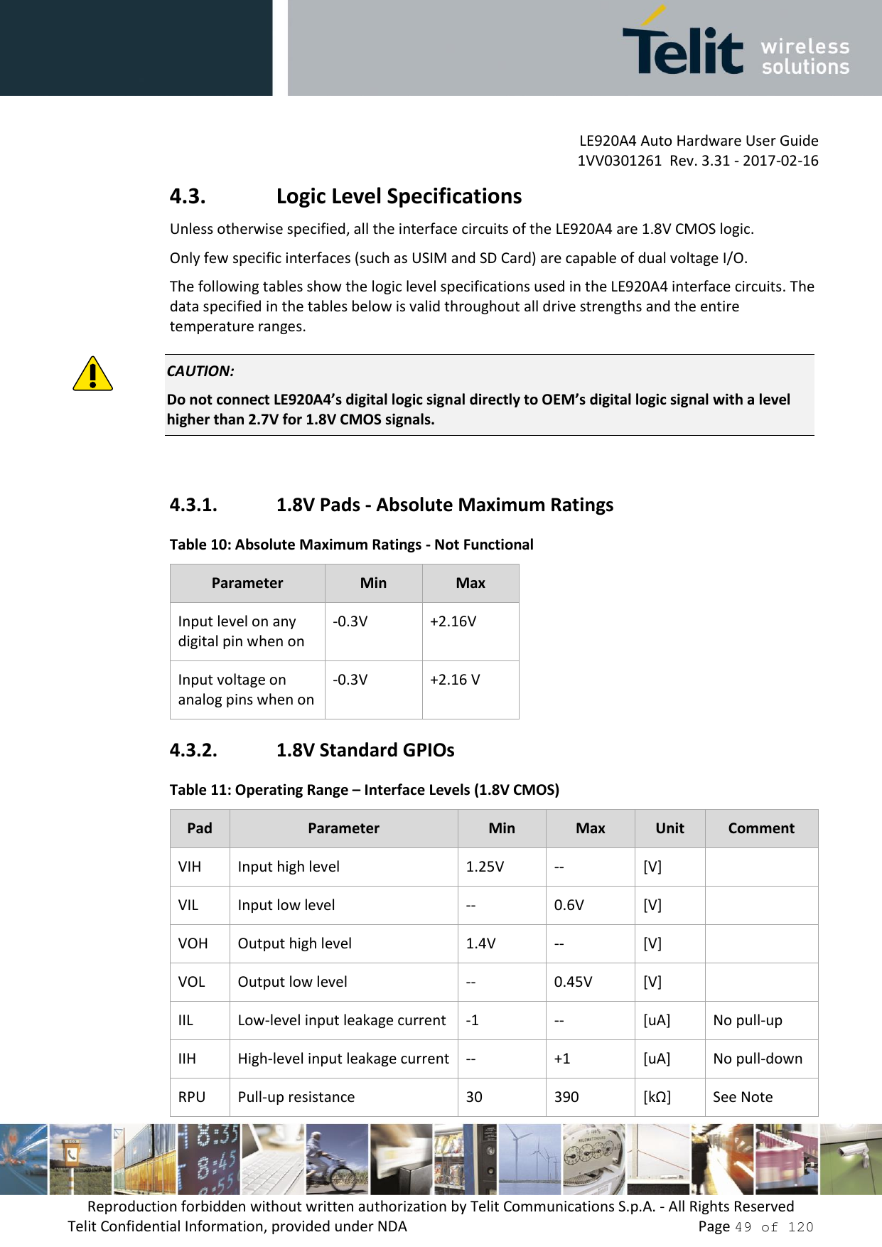         LE920A4 Auto Hardware User Guide     1VV0301261  Rev. 3.31 - 2017-02-16 Reproduction forbidden without written authorization by Telit Communications S.p.A. - All Rights Reserved Telit Confidential Information, provided under NDA                 Page 49 of 120 4.3. Logic Level Specifications Unless otherwise specified, all the interface circuits of the LE920A4 are 1.8V CMOS logic. Only few specific interfaces (such as USIM and SD Card) are capable of dual voltage I/O. The following tables show the logic level specifications used in the LE920A4 interface circuits. The data specified in the tables below is valid throughout all drive strengths and the entire temperature ranges.  CAUTION: Do not connect LE920A4’s digital logic signal directly to OEM’s digital logic signal with a level higher than 2.7V for 1.8V CMOS signals.  4.3.1. 1.8V Pads - Absolute Maximum Ratings Table 10: Absolute Maximum Ratings - Not Functional Parameter Min Max Input level on any digital pin when on -0.3V +2.16V Input voltage on analog pins when on -0.3V +2.16 V 4.3.2. 1.8V Standard GPIOs Table 11: Operating Range – Interface Levels (1.8V CMOS) Pad Parameter Min Max Unit Comment VIH Input high level 1.25V -- [V]  VIL Input low level -- 0.6V [V]  VOH Output high level 1.4V -- [V]  VOL Output low level -- 0.45V [V]  IIL Low-level input leakage current -1 -- [uA] No pull-up IIH High-level input leakage current -- +1 [uA] No pull-down RPU Pull-up resistance 30 390 [kΩ] See Note 