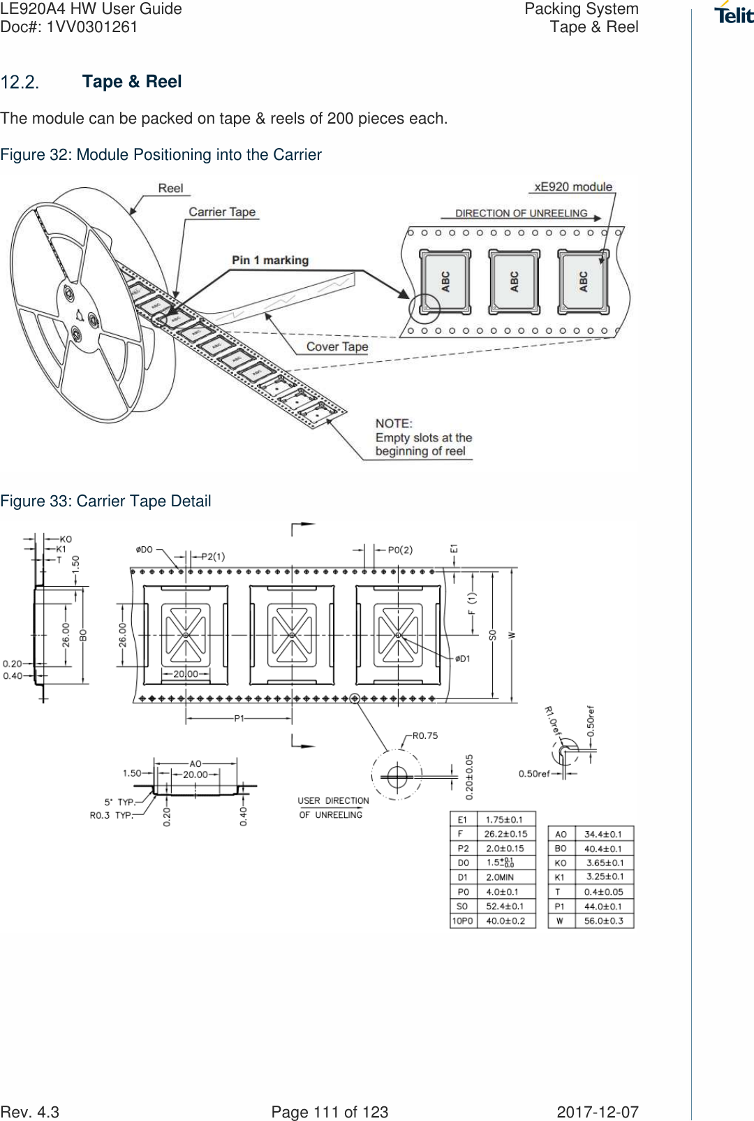 LE920A4 HW User Guide  Packing System Doc#: 1VV0301261  Tape &amp; Reel Rev. 4.3    Page 111 of 123  2017-12-07  Tape &amp; Reel The module can be packed on tape &amp; reels of 200 pieces each. Figure 32: Module Positioning into the Carrier  Figure 33: Carrier Tape Detail   