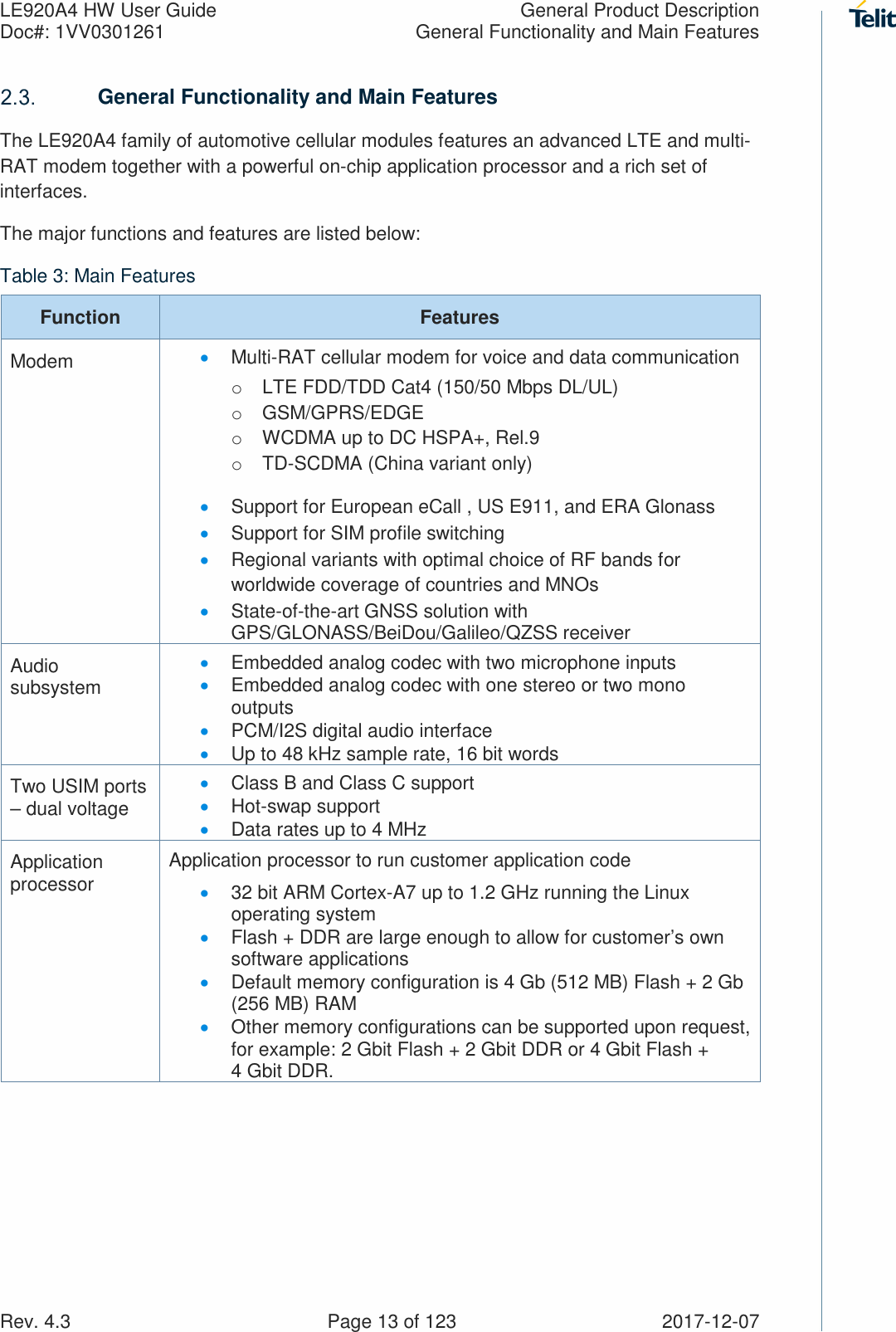 LE920A4 HW User Guide  General Product Description Doc#: 1VV0301261  General Functionality and Main Features Rev. 4.3    Page 13 of 123  2017-12-07  General Functionality and Main Features The LE920A4 family of automotive cellular modules features an advanced LTE and multi-RAT modem together with a powerful on-chip application processor and a rich set of interfaces. The major functions and features are listed below: Table 3: Main Features Function  Features Modem  • Multi-RAT cellular modem for voice and data communication o  LTE FDD/TDD Cat4 (150/50 Mbps DL/UL) o  GSM/GPRS/EDGE o  WCDMA up to DC HSPA+, Rel.9 o  TD-SCDMA (China variant only) • Support for European eCall , US E911, and ERA Glonass • Support for SIM profile switching • Regional variants with optimal choice of RF bands for worldwide coverage of countries and MNOs • State-of-the-art GNSS solution with GPS/GLONASS/BeiDou/Galileo/QZSS receiver Audio subsystem • Embedded analog codec with two microphone inputs • Embedded analog codec with one stereo or two mono outputs • PCM/I2S digital audio interface  • Up to 48 kHz sample rate, 16 bit words Two USIM ports – dual voltage • Class B and Class C support  • Hot-swap support • Data rates up to 4 MHz Application processor  Application processor to run customer application code  • 32 bit ARM Cortex-A7 up to 1.2 GHz running the Linux operating system • Flash + DDR are large enough to allow for customer’s own software applications • Default memory configuration is 4 Gb (512 MB) Flash + 2 Gb (256 MB) RAM • Other memory configurations can be supported upon request, for example: 2 Gbit Flash + 2 Gbit DDR or 4 Gbit Flash + 4 Gbit DDR. 