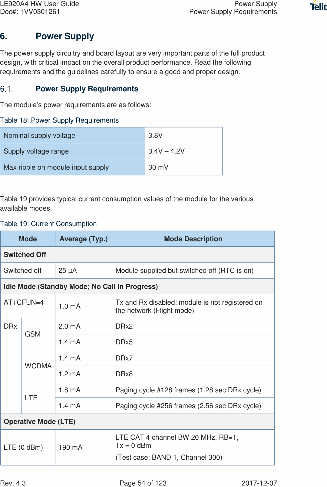 LE920A4 HW User Guide  Power Supply Doc#: 1VV0301261  Power Supply Requirements Rev. 4.3    Page 54 of 123  2017-12-07 6.  Power Supply The power supply circuitry and board layout are very important parts of the full product design, with critical impact on the overall product performance. Read the following requirements and the guidelines carefully to ensure a good and proper design.  Power Supply Requirements The module’s power requirements are as follows: Table 18: Power Supply Requirements Nominal supply voltage  3.8V Supply voltage range  3.4V – 4.2V Max ripple on module input supply  30 mV  Table 19 provides typical current consumption values of the module for the various available modes. Table 19: Current Consumption Mode  Average (Typ.)  Mode Description Switched Off Switched off  25 µA  Module supplied but switched off (RTC is on) Idle Mode (Standby Mode; No Call in Progress) AT+CFUN=4  1.0 mA  Tx and Rx disabled; module is not registered on the network (Flight mode)  DRx  GSM  2.0 mA  DRx2 1.4 mA  DRx5 WCDMA 1.4 mA  DRx7 1.2 mA  DRx8 LTE  1.8 mA  Paging cycle #128 frames (1.28 sec DRx cycle) 1.4 mA  Paging cycle #256 frames (2.56 sec DRx cycle) Operative Mode (LTE) LTE (0 dBm)  190 mA LTE CAT 4 channel BW 20 MHz, RB=1, Tx = 0 dBm  (Test case: BAND 1, Channel 300) 