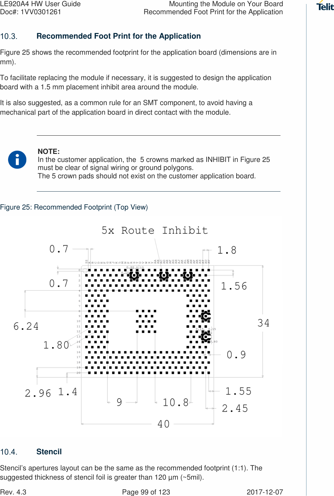 LE920A4 HW User Guide  Mounting the Module on Your Board Doc#: 1VV0301261  Recommended Foot Print for the Application Rev. 4.3    Page 99 of 123  2017-12-07  Recommended Foot Print for the Application Figure 25 shows the recommended footprint for the application board (dimensions are in mm). To facilitate replacing the module if necessary, it is suggested to design the application board with a 1.5 mm placement inhibit area around the module.  It is also suggested, as a common rule for an SMT component, to avoid having a mechanical part of the application board in direct contact with the module.  NOTE: In the customer application, the  5 crowns marked as INHIBIT in Figure 25 must be clear of signal wiring or ground polygons.  The 5 crown pads should not exist on the customer application board. Figure 25: Recommended Footprint (Top View)   Stencil Stencil’s apertures layout can be the same as the recommended footprint (1:1). The suggested thickness of stencil foil is greater than 120 µm (~5mil). 