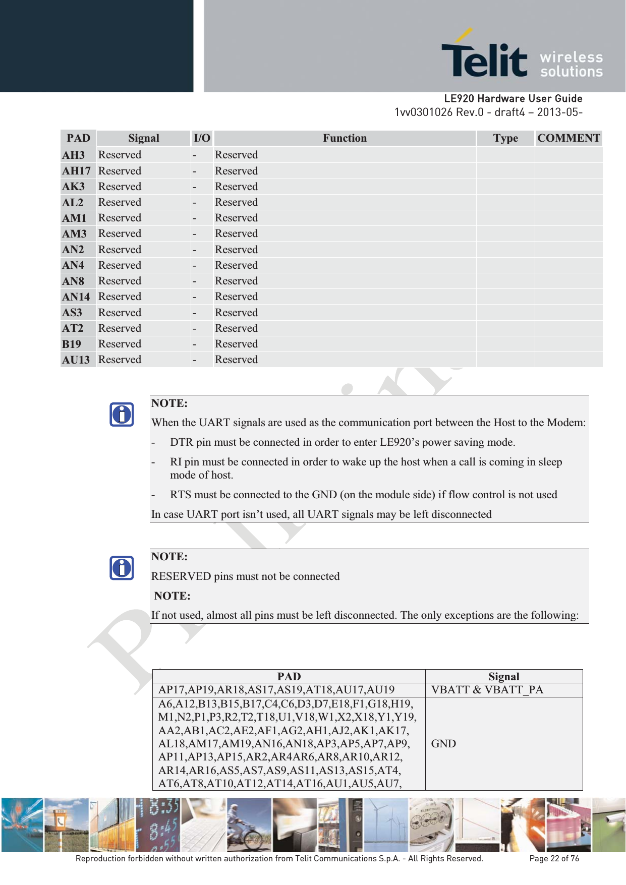   LLE920 Hardware User Guide1vv0301026 Rev.0 - draft4 – 2013-05-Reproduction forbidden without written authorization from Telit Communications S.p.A. - All Rights Reserved.    Page 22 of 76 PAD Signal I/O Function Type COMMENTAH3  Reserved  -  Reserved     AH17  Reserved  -  Reserved     AK3  Reserved  -  Reserved     AL2  Reserved  -  Reserved     AM1  Reserved  -  Reserved     AM3  Reserved  -  Reserved     AN2  Reserved  -  Reserved     AN4  Reserved  -  Reserved     AN8  Reserved  -  Reserved     AN14  Reserved  -  Reserved     AS3  Reserved  -  Reserved     AT2  Reserved  -  Reserved     B19  Reserved  -  Reserved     AU13  Reserved  -  Reserved     NOTE:  When the UART signals are used as the communication port between the Host to the Modem: - DTR pin must be connected in order to enter LE920’s power saving mode. - RI pin must be connected in order to wake up the host when a call is coming in sleep mode of host. - RTS must be connected to the GND (on the module side) if flow control is not used  In case UART port isn’t used, all UART signals may be left disconnected NOTE:  RESERVED pins must not be connectedNOTE: If not used, almost all pins must be left disconnected. The only exceptions are the following: PAD  Signal AP17,AP19,AR18,AS17,AS19,AT18,AU17,AU19  VBATT &amp; VBATT_PA A6,A12,B13,B15,B17,C4,C6,D3,D7,E18,F1,G18,H19,M1,N2,P1,P3,R2,T2,T18,U1,V18,W1,X2,X18,Y1,Y19,AA2,AB1,AC2,AE2,AF1,AG2,AH1,AJ2,AK1,AK17, AL18,AM17,AM19,AN16,AN18,AP3,AP5,AP7,AP9, AP11,AP13,AP15,AR2,AR4AR6,AR8,AR10,AR12, AR14,AR16,AS5,AS7,AS9,AS11,AS13,AS15,AT4, AT6,AT8,AT10,AT12,AT14,AT16,AU1,AU5,AU7, GND 