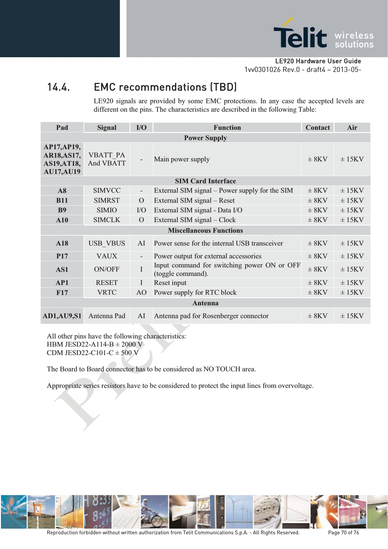   LLE920 Hardware User Guide1vv0301026 Rev.0 - draft4 – 2013-05-Reproduction forbidden without written authorization from Telit Communications S.p.A. - All Rights Reserved.    Page 70 of 76 14.4. EMC recommendations (TBD) LE920 signals are provided by some EMC protections. In any case the accepted levels are different on the pins. The characteristics are described in the following Table:  Pad  Signal  I/O  Function  Contact  Air Power Supply AP17,AP19,AR18,AS17,AS19,AT18,AU17,AU19 VBATT_PA And VBATT  -  Main power supply  ± 8KV  ± 15KV SIM Card Interface A8  SIMVCC  -  External SIM signal – Power supply for the SIM  ± 8KV  ± 15KV B11  SIMRST  O  External SIM signal – Reset  ± 8KV  ± 15KV B9  SIMIO  I/O  External SIM signal - Data I/O  ± 8KV  ± 15KV A10  SIMCLK  O  External SIM signal – Clock  ± 8KV  ± 15KV Miscellaneous Functions A18  USB_VBUS  AI  Power sense for the internal USB transceiver  ± 8KV  ± 15KV P17  VAUX -  Power output for external accessories  ± 8KV  ± 15KV AS1  ON/OFF  I  Input command for switching power ON or OFF (toggle command).   ± 8KV  ± 15KV AP1  RESET  I  Reset input  ± 8KV  ± 15KV F17  VRTC  AO  Power supply for RTC block  ± 8KV  ± 15KV Antenna AD1,AU9,S1  Antenna Pad  AI  Antenna pad for Rosenberger connector   ± 8KV  ± 15KV All other pins have the following characteristics: HBM JESD22-A114-B ± 2000 V CDM JESD22-C101-C ± 500 V  The Board to Board connector has to be considered as NO TOUCH area.  Appropriate series resistors have to be considered to protect the input lines from overvoltage. 