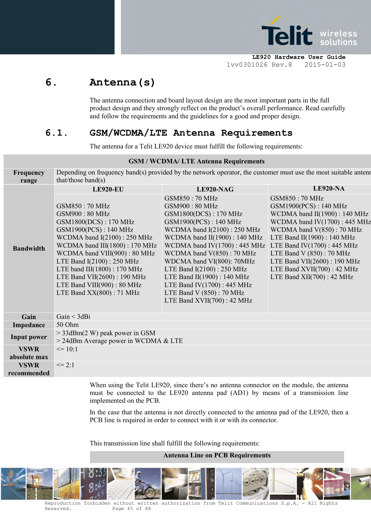     LE920 Hardware User Guide 1vv0301026 Rev.8   2015-01-03 Reproduction forbidden without written authorization from Telit Communications S.p.A. - All Rights Reserved.    Page 45 of 88  6. Antenna(s) The antenna connection and board layout design are the most important parts in the full product design and they strongly reflect on the product’s overall performance. Read carefully and follow the requirements and the guidelines for a good and proper design. 6.1. GSM/WCDMA/LTE Antenna Requirements The antenna for a Telit LE920 device must fulfill the following requirements: When using the Telit LE920, since there’s no antenna connector on the module, the antenna must  be  connected  to  the  LE920  antenna  pad  (AD1)  by  means  of  a  transmission  line implemented on the PCB. In the case that the antenna is not directly connected to the antenna pad of the LE920, then a PCB line is required in order to connect with it or with its connector.  This transmission line shall fulfill the following requirements: Antenna Line on PCB Requirements GSM / WCDMA/ LTE Antenna Requirements Frequency range Depending on frequency band(s) provided by the network operator, the customer must use the most suitable antenna for that/those band(s) Bandwidth LE920-EU LE920-NAG LE920-NA GSM850 : 70 MHz GSM900 : 80 MHz GSM1800(DCS) : 170 MHz GSM1900(PCS) : 140 MHz  WCDMA band I(2100) : 250 MHz WCDMA band III(1800) : 170 MHz WCDMA band VIII(900) : 80 MHz LTE Band I(2100) : 250 MHz LTE band III(1800) : 170 MHz LTE Band VII(2600) : 190 MHz LTE Band VIII(900) : 80 MHz LTE Band XX(800) : 71 MHz  GSM850 : 70 MHz GSM900 : 80 MHz GSM1800(DCS) : 170 MHz GSM1900(PCS) : 140 MHz WCDMA band I(2100) : 250 MHz WCDMA band II(1900) : 140 MHz WCDMA band IV(1700) : 445 MHz WCDMA band V(850) : 70 MHz WDCMA band VI(800): 70MHz LTE Band I(2100) : 250 MHz LTE Band II(1900) : 140 MHz LTE Band IV(1700) : 445 MHz LTE Band V (850) : 70 MHz LTE Band XVII(700) : 42 MHz   GSM850 : 70 MHz GSM1900(PCS) : 140 MHz WCDMA band II(1900) : 140 MHz WCDMA band IV(1700) : 445 MHz WCDMA band V(850) : 70 MHz LTE Band II(1900) : 140 MHz LTE Band IV(1700) : 445 MHz LTE Band V (850) : 70 MHz LTE Band VII(2600) : 190 MHz LTE Band XVII(700) : 42 MHz LTE Band XII(700) : 42 MHz  Gain Gain &lt; 3dBi Impedance 50 Ohm Input power &gt; 33dBm(2 W) peak power in GSM &gt; 24dBm Average power in WCDMA &amp; LTE VSWR absolute max &lt;= 10:1 VSWR recommended &lt;= 2:1 
