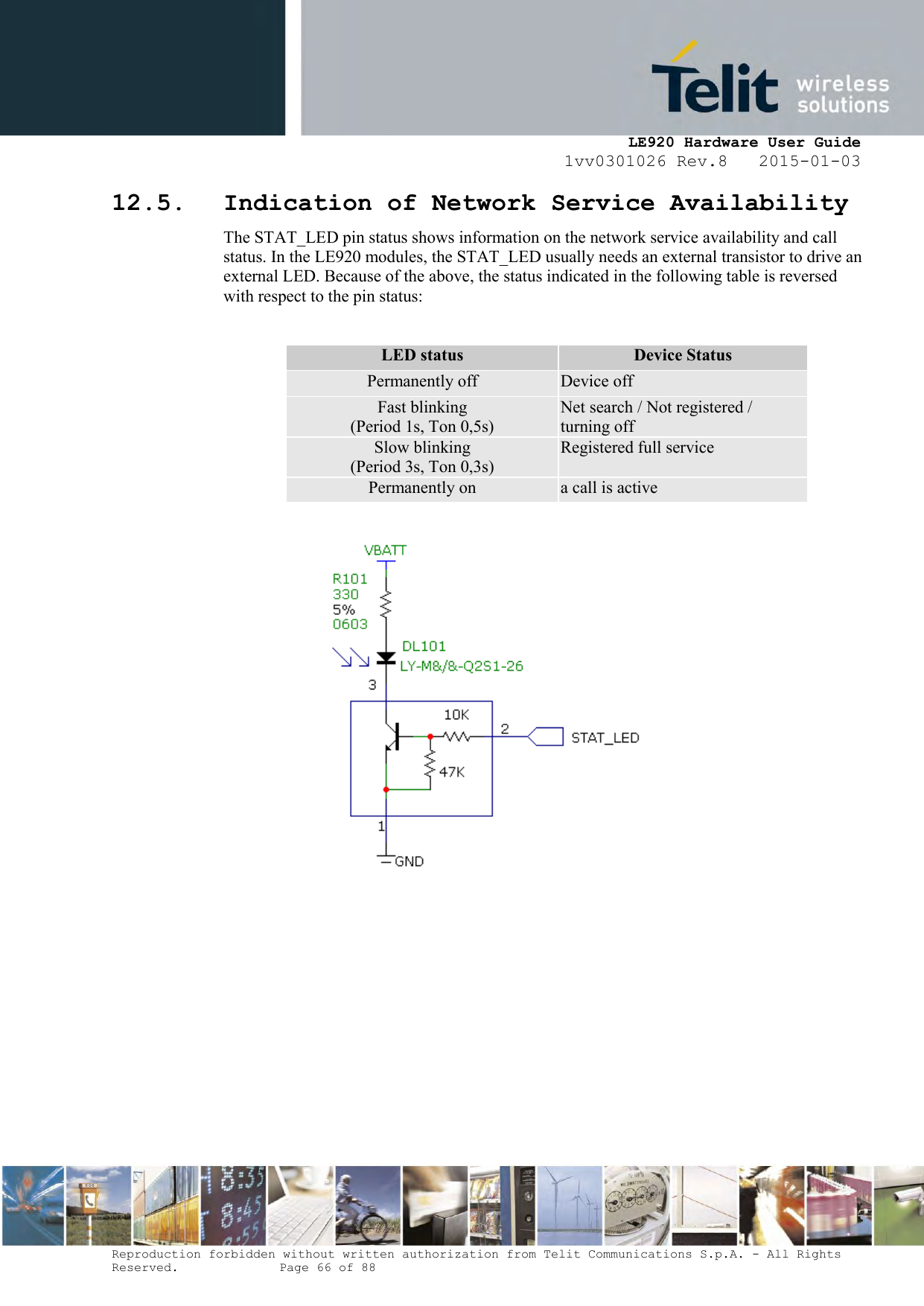     LE920 Hardware User Guide 1vv0301026 Rev.8   2015-01-03 Reproduction forbidden without written authorization from Telit Communications S.p.A. - All Rights Reserved.    Page 66 of 88  12.5. Indication of Network Service Availability The STAT_LED pin status shows information on the network service availability and call status. In the LE920 modules, the STAT_LED usually needs an external transistor to drive an external LED. Because of the above, the status indicated in the following table is reversed with respect to the pin status:  LED status Device Status Permanently off Device off Fast blinking (Period 1s, Ton 0,5s) Net search / Not registered / turning off Slow blinking (Period 3s, Ton 0,3s) Registered full service Permanently on a call is active           