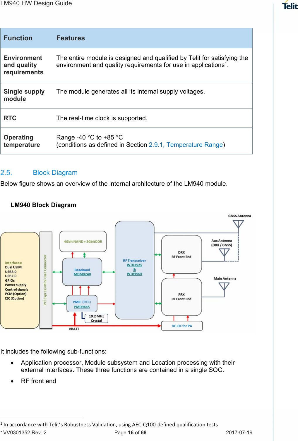 LM940 HW Design Guide   1VV0301352 Rev. 2   Page 16 of 68  2017-07-19  Function  Features Environment and quality requirements The entire module is designed and qualified by Telit for satisfying the environment and quality requirements for use in applications1. Single supply module The module generates all its internal supply voltages. RTC  The real-time clock is supported. Operating temperature Range -40 °C to +85 °C  (conditions as defined in Section 2.9.1, Temperature Range)    Block Diagram Below figure shows an overview of the internal architecture of the LM940 module.   LM940 Block Diagram   It includes the following sub-functions:   Application processor, Module subsystem and Location processing with their external interfaces. These three functions are contained in a single SOC.   RF front end                                                  1InaccordancewithTelit’sRobustnessValidation,usingAEC‐Q100‐definedqualificationtests