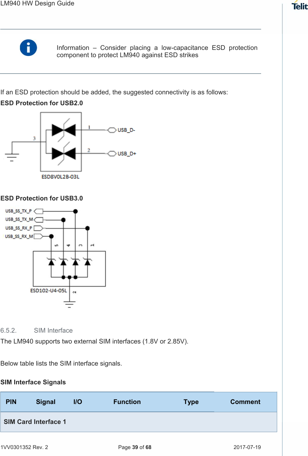LM940 HW Design Guide   1VV0301352 Rev. 2   Page 39 of 68  2017-07-19    Information  –  Consider  placing  a  low-capacitance  ESD  protection component to protect LM940 against ESD strikes    If an ESD protection should be added, the suggested connectivity is as follows: ESD Protection for USB2.0   ESD Protection for USB3.0   6.5.2.  SIM Interface The LM940 supports two external SIM interfaces (1.8V or 2.85V).  Below table lists the SIM interface signals.  SIM Interface Signals PIN Signal I/O Function Type Comment SIM Card Interface 1 