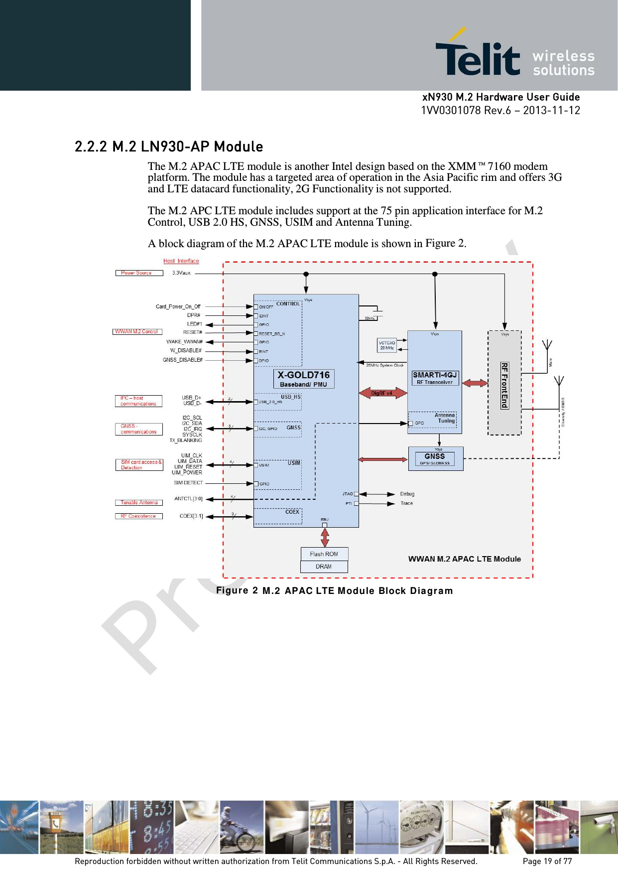      xN930 M.2 Hardware User Guide 1VV0301078 Rev.6 – 2013-11-12    2.2.2 M.2 LN930-AP Module The M.2 APAC LTE module is another Intel design based on the XMM™7160 modem platform. The module has a targeted area of operation in the Asia Pacific rim and offers 3G and LTE datacard functionality, 2G Functionality is not supported.  The M.2 APC LTE module includes support at the 75 pin application interface for M.2 Control, USB 2.0 HS, GNSS, USIM and Antenna Tuning.  A block diagram of the M.2 APAC LTE module is shown in Figure 2.  Figur e 2  M .2  APAC LTE M odu le  Block Dia gr am      Reproduction forbidden without written authorization from Telit Communications S.p.A. - All Rights Reserved.    Page 19 of 77 