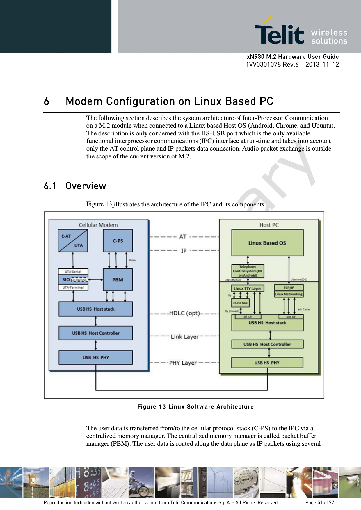      xN930 M.2 Hardware User Guide 1VV0301078 Rev.6 – 2013-11-12    6 Modem Configuration on Linux Based PC The following section describes the system architecture of Inter-Processor Communication on a M.2 module when connected to a Linux based Host OS (Android, Chrome, and Ubuntu). The description is only concerned with the HS-USB port which is the only available functional interprocessor communications (IPC) interface at run-time and takes into account only the AT control plane and IP packets data connection. Audio packet exchange is outside the scope of the current version of M.2.   6.1 Overview  Figure 13 illustrates the architecture of the IPC and its components.  Figur e 1 3  Linux  Soft w are  Ar chit e ct u re  The user data is transferred from/to the cellular protocol stack (C-PS) to the IPC via a centralized memory manager. The centralized memory manager is called packet buffer manager (PBM). The user data is routed along the data plane as IP packets using several   Reproduction forbidden without written authorization from Telit Communications S.p.A. - All Rights Reserved.    Page 51 of 77 