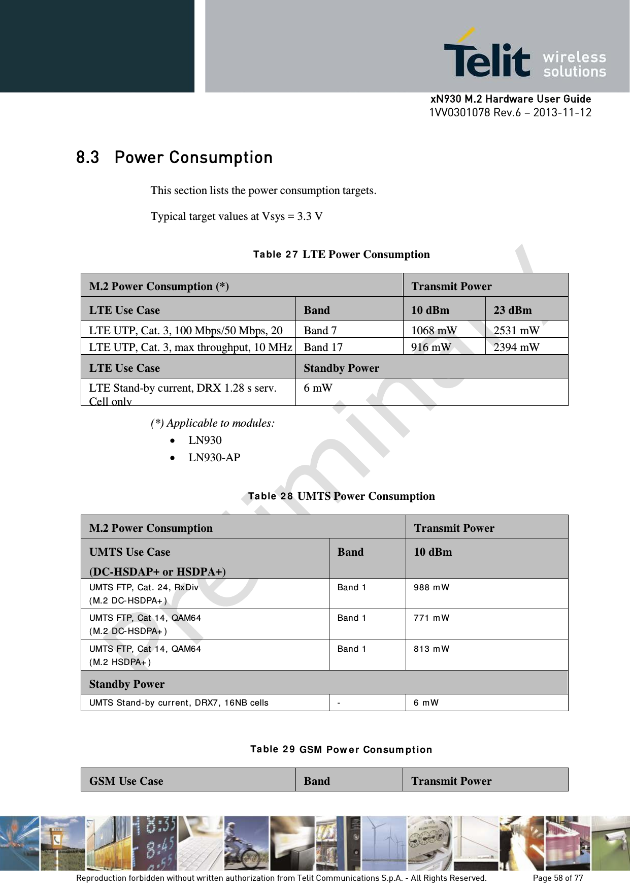      xN930 M.2 Hardware User Guide 1VV0301078 Rev.6 – 2013-11-12    8.3 Power Consumption  This section lists the power consumption targets. Typical target values at Vsys = 3.3 V  Ta ble  2 7  LTE Power Consumption  M.2 Power Consumption (*)  Transmit Power  LTE Use Case  Band  10 dBm  23 dBm LTE UTP, Cat. 3, 100 Mbps/50 Mbps, 20  Band 7 1068 mW 2531 mW LTE UTP, Cat. 3, max throughput, 10 MHz Band 17 916 mW 2394 mW  LTE Use Case  Standby Power LTE Stand-by current, DRX 1.28 s serv. Cell only 6 mW  (*) Applicable to modules: • LN930 • LN930-AP   Ta ble  2 8  UMTS Power Consumption  M.2 Power Consumption  Transmit Power  UMTS Use Case  (DC-HSDAP+ or HSDPA+)  Band  10 dBm UMTS FTP, Cat. 24, RxDiv ( M. 2 DC-HSDPA+ ) Band 1  988 m W UMTS FTP, Cat  14, QAM6 4 ( M. 2 DC-HSDPA+ ) Band 1  771 m W UMTS FTP, Cat  14, QAM6 4 ( M. 2 HSDPA+ ) Band 1  813 m W  Standby Power UMTS St and- by cu r rent , DRX7, 16NB cells  -  6 m W    Ta ble  2 9  GSM  Pow er  Consum pt i on   GSM Use Case  Band  Transmit Power   Reproduction forbidden without written authorization from Telit Communications S.p.A. - All Rights Reserved.    Page 58 of 77 