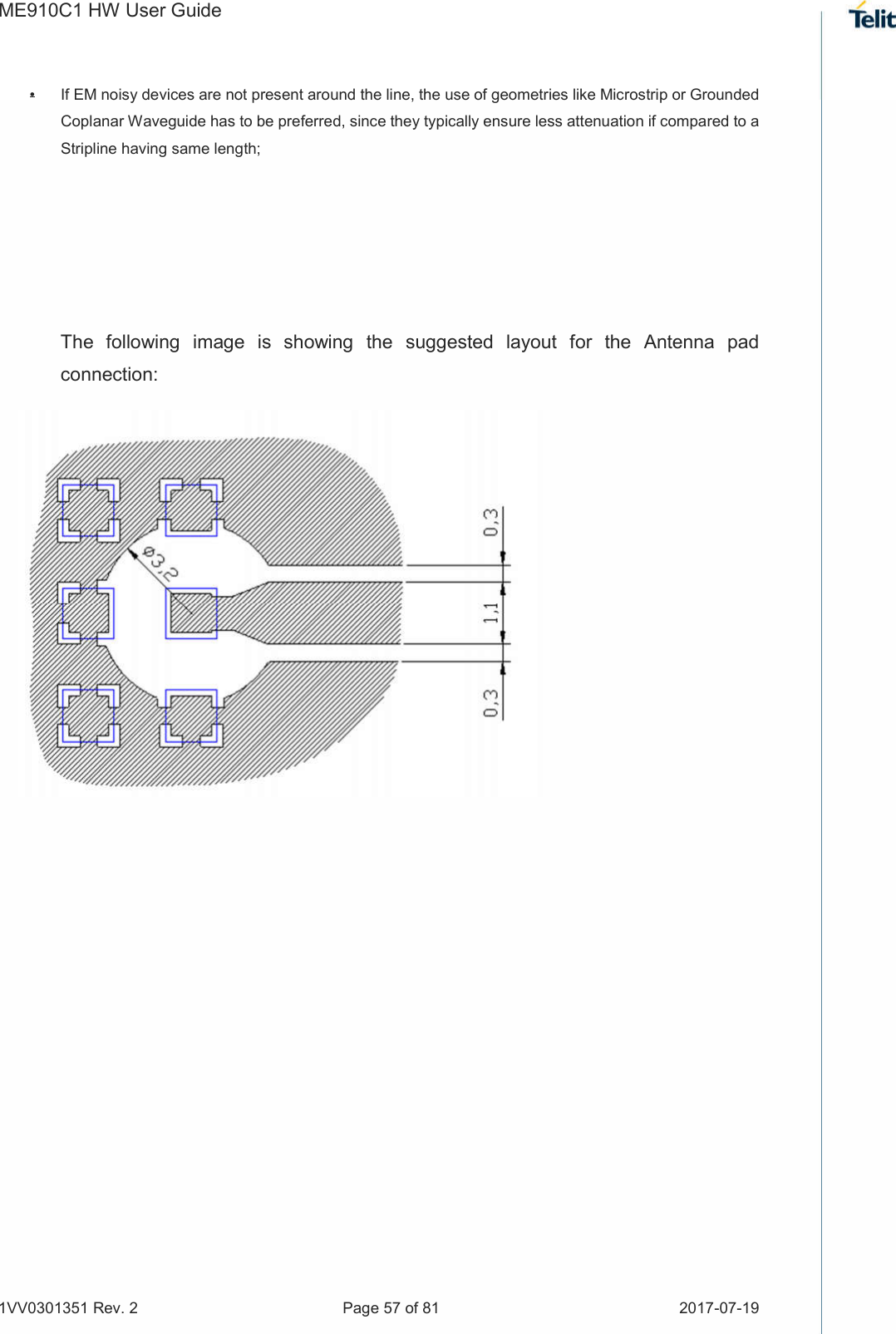 ME910C1 HW User Guide 1VV0301351 Rev. 2  Page 57 of 81  2017-07-19  •  If EM noisy devices are not present around the line, the use of geometries like Microstrip or Grounded Coplanar Waveguide has to be preferred, since they typically ensure less attenuation if compared to a Stripline having same length;      The  following  image  is  showing  the  suggested  layout  for  the  Antenna  pad connection:               