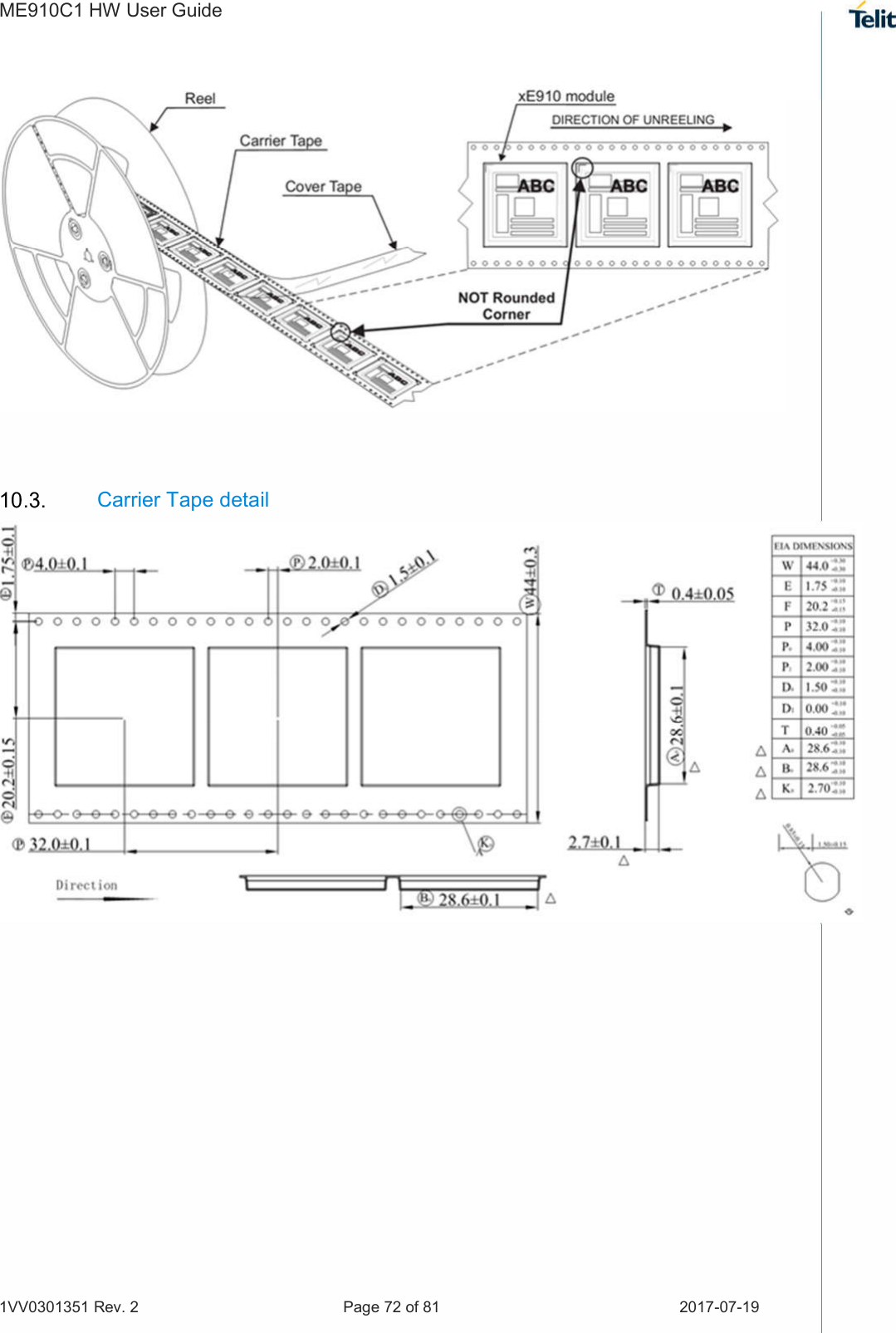 ME910C1 HW User Guide 1VV0301351 Rev. 2  Page 72 of 81  2017-07-19     Carrier Tape detail     