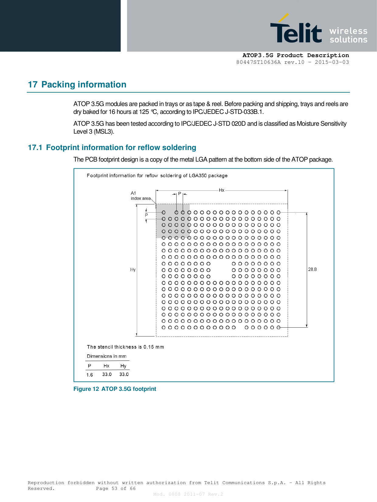      ATOP3.5G Product Description   80447ST10636A rev.10 – 2015-03-03  Reproduction forbidden without written authorization from Telit Communications S.p.A. - All Rights Reserved.    Page 53 of 66 Mod. 0808 2011-07 Rev.2 17 Packing information ATOP 3.5G modules are packed in trays or as tape &amp; reel. Before packing and shipping, trays and reels are dry baked for 16 hours at 125 °C, according to IPC/JEDEC J-STD-033B.1. ATOP 3.5G has been tested according to IPC/JEDEC J-STD 020D and is classified as Moisture Sensitivity Level 3 (MSL3). 17.1  Footprint information for reflow soldering The PCB footprint design is a copy of the metal LGA pattern at the bottom side of the ATOP package. Figure 12  ATOP 3.5G footprint   
