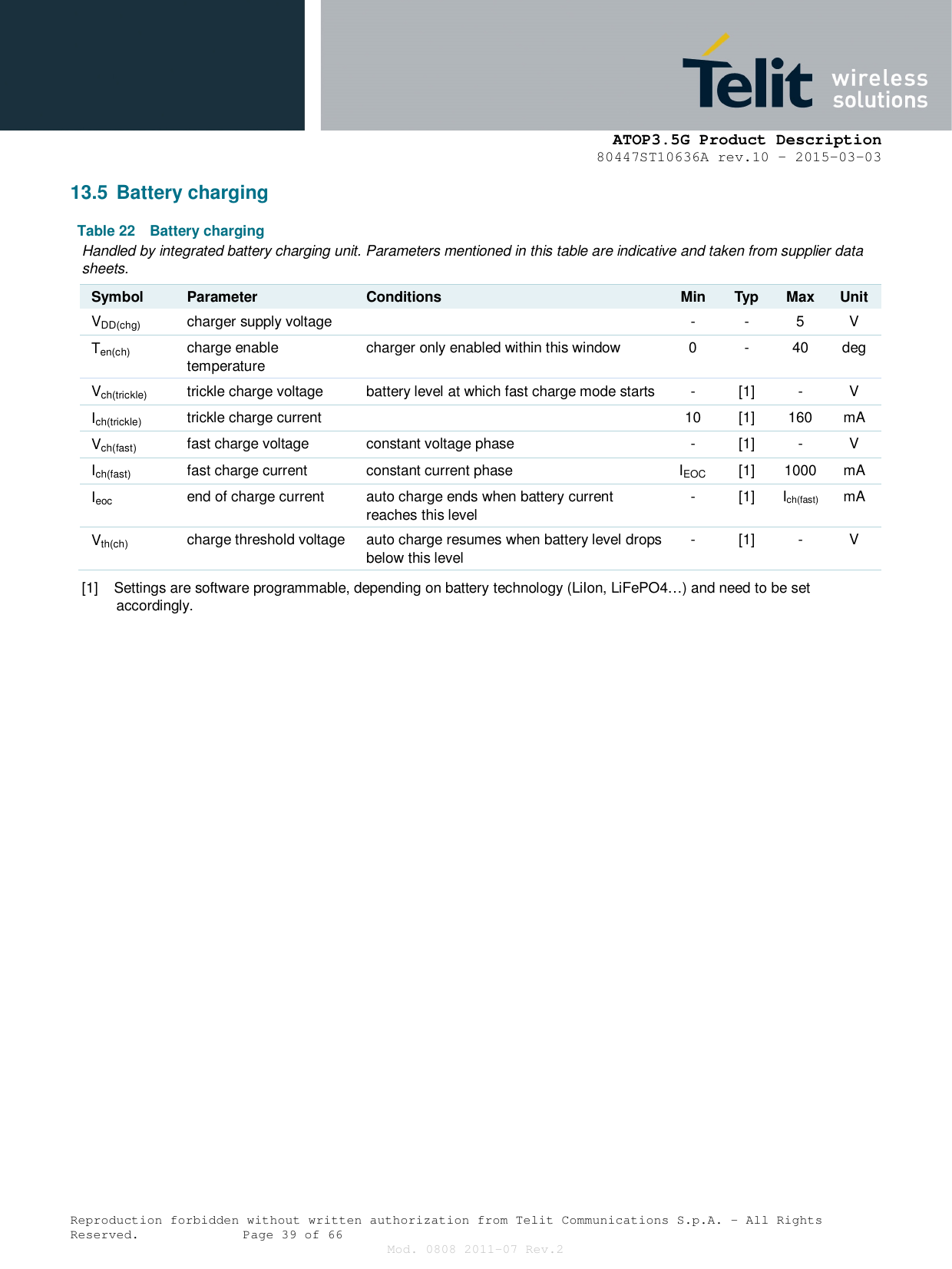      ATOP3.5G Product Description   80447ST10636A rev.10 – 2015-03-03  Reproduction forbidden without written authorization from Telit Communications S.p.A. - All Rights Reserved.    Page 39 of 66 Mod. 0808 2011-07 Rev.2 13.5  Battery charging Table 22  Battery charging Handled by integrated battery charging unit. Parameters mentioned in this table are indicative and taken from supplier data sheets. Symbol Parameter Conditions Min Typ Max Unit VDD(chg) charger supply voltage    -  -  5  V Ten(ch) charge enable temperature  charger only enabled within this window  0  -  40  deg Vch(trickle) trickle charge voltage  battery level at which fast charge mode starts  -  [1]  -  V Ich(trickle) trickle charge current    10  [1]  160  mA Vch(fast) fast charge voltage  constant voltage phase  -  [1]  -  V Ich(fast) fast charge current  constant current phase  IEOC [1]  1000  mA Ieoc end of charge current  auto charge ends when battery current reaches this level -  [1]  Ich(fast)  mA Vth(ch) charge threshold voltage  auto charge resumes when battery level drops below this level  -  [1]  -  V [1]    Settings are software programmable, depending on battery technology (LiIon, LiFePO4…) and need to be set accordingly. 