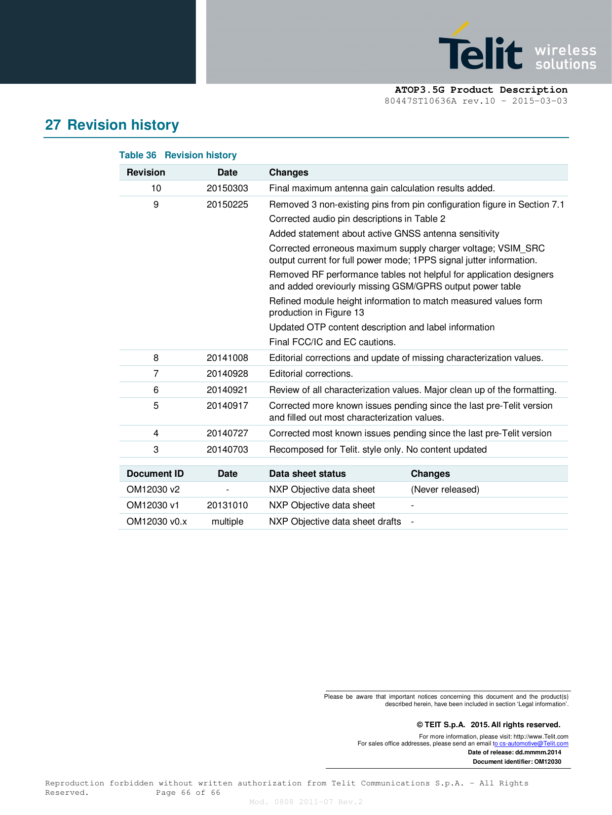      ATOP3.5G Product Description   80447ST10636A rev.10 – 2015-03-03  Reproduction forbidden without written authorization from Telit Communications S.p.A. - All Rights Reserved.    Page 66 of 66  Mod. 0808 2011-07 Rev.2  27 Revision history                                                                                                                             Table 36  Revision history Revision  Date  Changes 10  20150303  Final maximum antenna gain calculation results added. 9  20150225  Removed 3 non-existing pins from pin configuration figure in Section 7.1 Corrected audio pin descriptions in Table 2 Added statement about active GNSS antenna sensitivity Corrected erroneous maximum supply charger voltage; VSIM_SRC output current for full power mode; 1PPS signal jutter information. Removed RF performance tables not helpful for application designers and added oreviourly missing GSM/GPRS output power table Refined module height information to match measured values form production in Figure 13 Updated OTP content description and label information Final FCC/IC and EC cautions. 8  20141008  Editorial corrections and update of missing characterization values. 7  20140928  Editorial corrections. 6  20140921  Review of all characterization values. Major clean up of the formatting. 5  20140917  Corrected more known issues pending since the last pre-Telit version and filled out most characterization values.  4  20140727  Corrected most known issues pending since the last pre-Telit version 3  20140703  Recomposed for Telit. style only. No content updated          Document ID  Date  Data sheet status  Changes OM12030 v2  -  NXP Objective data sheet  (Never released) OM12030 v1  20131010  NXP Objective data sheet  - OM12030 v0.x  multiple  NXP Objective data sheet drafts  -               Please  be  aware  that  important  notices  concerning  this  document  and  the  product(s) described herein, have been included in section ‘Legal information’.  © TEIT S.p.A.  2015. All rights reserved. For more information, please visit: http://www.Telit.com For sales office addresses, please send an email to cs-automotive@Telit.com Date of release: dd.mmmm.2014 Document identifier: OM12030 