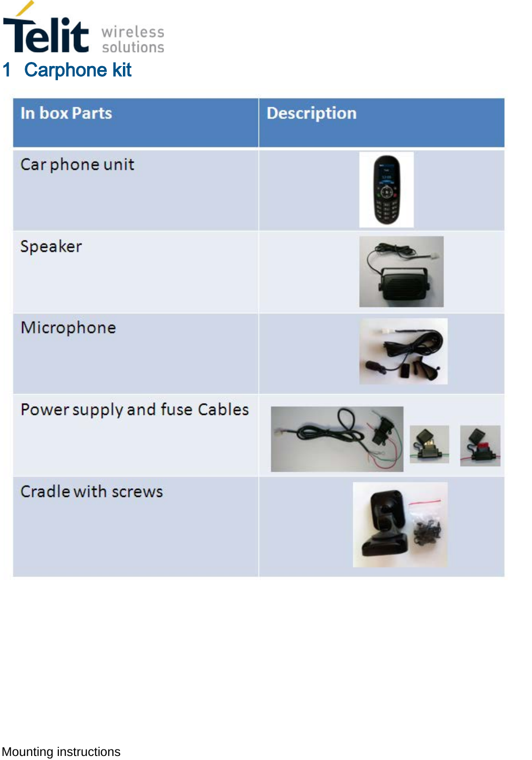  Mounting instructions   1 Carphone kit     