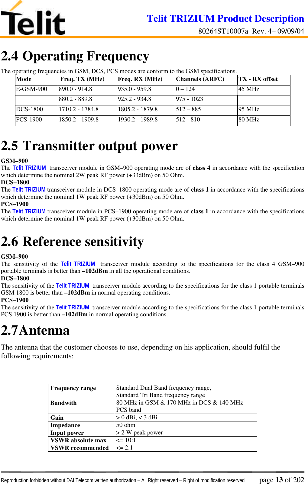 Telit TRIZIUM Product Description80264ST10007a  Rev. 4– 09/09/04Reproduction forbidden without DAI Telecom written authorization – All Right reserved – Right of modification reserved page 13 of 2022.4  Operating FrequencyThe operating frequencies in GSM, DCS, PCS modes are conform to the GSM specifications.Mode  Freq. TX (MHz) Freq. RX (MHz) Channels (ARFC) TX - RX offsetE-GSM-900 890.0 - 914.8 935.0 - 959.8 0 – 124 45 MHz880.2 - 889.8 925.2 - 934.8 975 - 1023DCS-1800 1710.2 - 1784.8 1805.2 - 1879.8 512 – 885 95 MHzPCS-1900 1850.2 - 1909.8 1930.2 - 1989.8 512 - 810 80 MHz2.5  Transmitter output powerGSM–900The Telit TRIZIUM  transceiver module in GSM–900 operating mode are of class 4 in accordance with the specificationwhich determine the nominal 2W peak RF power (+33dBm) on 50 Ohm.DCS–1800The Telit TRIZIUM transceiver module in DCS–1800 operating mode are of class 1 in accordance with the specificationswhich determine the nominal 1W peak RF power (+30dBm) on 50 Ohm.PCS–1900The Telit TRIZIUM transceiver module in PCS–1900 operating mode are of class 1 in accordance with the specificationswhich determine the nominal 1W peak RF power (+30dBm) on 50 Ohm.2.6  Reference sensitivityGSM–900The sensitivity of the Telit TRIZIUM  transceiver module according to the specifications for the class 4 GSM–900portable terminals is better than –102dBm in all the operational conditions.DCS–1800The sensitivity of the Telit TRIZIUM  transceiver module according to the specifications for the class 1 portable terminalsGSM 1800 is better than –102dBm in normal operating conditions.PCS–1900The sensitivity of the Telit TRIZIUM  transceiver module according to the specifications for the class 1 portable terminalsPCS 1900 is better than –102dBm in normal operating conditions.2.7 AntennaThe antenna that the customer chooses to use, depending on his application, should fulfil thefollowing requirements:Frequency range Standard Dual Band frequency range,Standard Tri Band frequency rangeBandwith 80 MHz in GSM &amp; 170 MHz in DCS &amp; 140 MHzPCS bandGain &gt; 0 dBi; &lt; 3 dBiImpedance 50 ohmInput power &gt; 2 W peak powerVSWR absolute max &lt;= 10:1VSWR recommended &lt;= 2:1