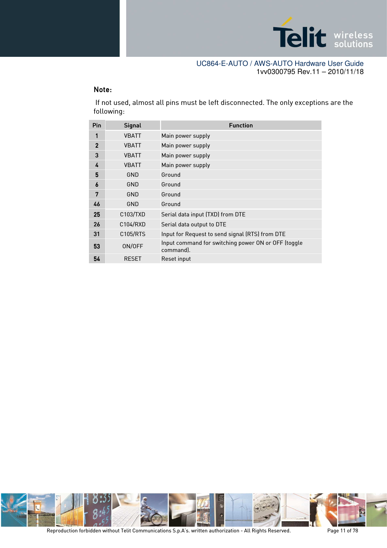        UC864-E-AUTO / AWS-AUTO Hardware User Guide 1vv0300795 Rev.11 – 2010/11/18     Reproduction forbidden without Telit Communications S.p.A’s. written authorization - All Rights Reserved.    Page 11 of 78  NoteNoteNoteNote::::     If not used, almost all pins must be left disconnected. The only exceptions are the following: PinPinPinPin    SignalSignalSignalSignal     FunctionFunctionFunctionFunction    1111     VBATT  Main power supply 2222     VBATT  Main power supply 3333     VBATT  Main power supply 4444     VBATT  Main power supply 5555     GND  Ground 6666     GND  Ground 7777     GND  Ground 46464646     GND  Ground 25252525     C103/TXD  Serial data input (TXD) from DTE 26262626     C104/RXD  Serial data output to DTE 31313131     C105/RTS  Input for Request to send signal (RTS) from DTE 53535353     ON/OFF  Input command for switching power ON or OFF (toggle command). 54545454     RESET  Reset input           