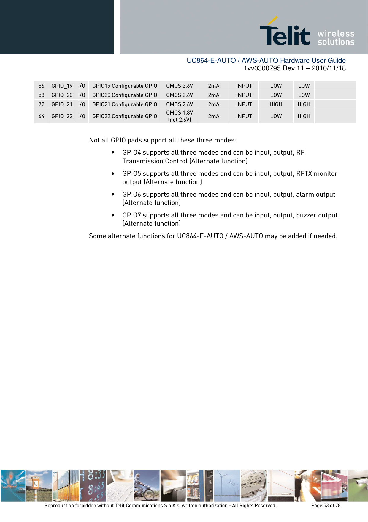        UC864-E-AUTO / AWS-AUTO Hardware User Guide 1vv0300795 Rev.11 – 2010/11/18     Reproduction forbidden without Telit Communications S.p.A’s. written authorization - All Rights Reserved.    Page 53 of 78  56  GPIO_19 I/O GPIO19 Configurable GPIO  CMOS 2.6V  2mA  INPUT  LOW  LOW   58  GPIO_20 I/O GPIO20 Configurable GPIO  CMOS 2.6V  2mA  INPUT  LOW  LOW   72  GPIO_21 I/O GPIO21 Configurable GPIO  CMOS 2.6V  2mA  INPUT  HIGH  HIGH   64  GPIO_22 I/O GPIO22 Configurable GPIO  CMOS 1.8V (not 2.6V)  2mA  INPUT  LOW  HIGH    Not all GPIO pads support all these three modes: • GPIO4 supports all three modes and can be input, output, RF Transmission Control (Alternate function) • GPIO5 supports all three modes and can be input, output, RFTX monitor output (Alternate function) • GPIO6 supports all three modes and can be input, output, alarm output (Alternate function) • GPIO7 supports all three modes and can be input, output, buzzer output (Alternate function) Some alternate functions for UC864-E-AUTO / AWS-AUTO may be added if needed.  