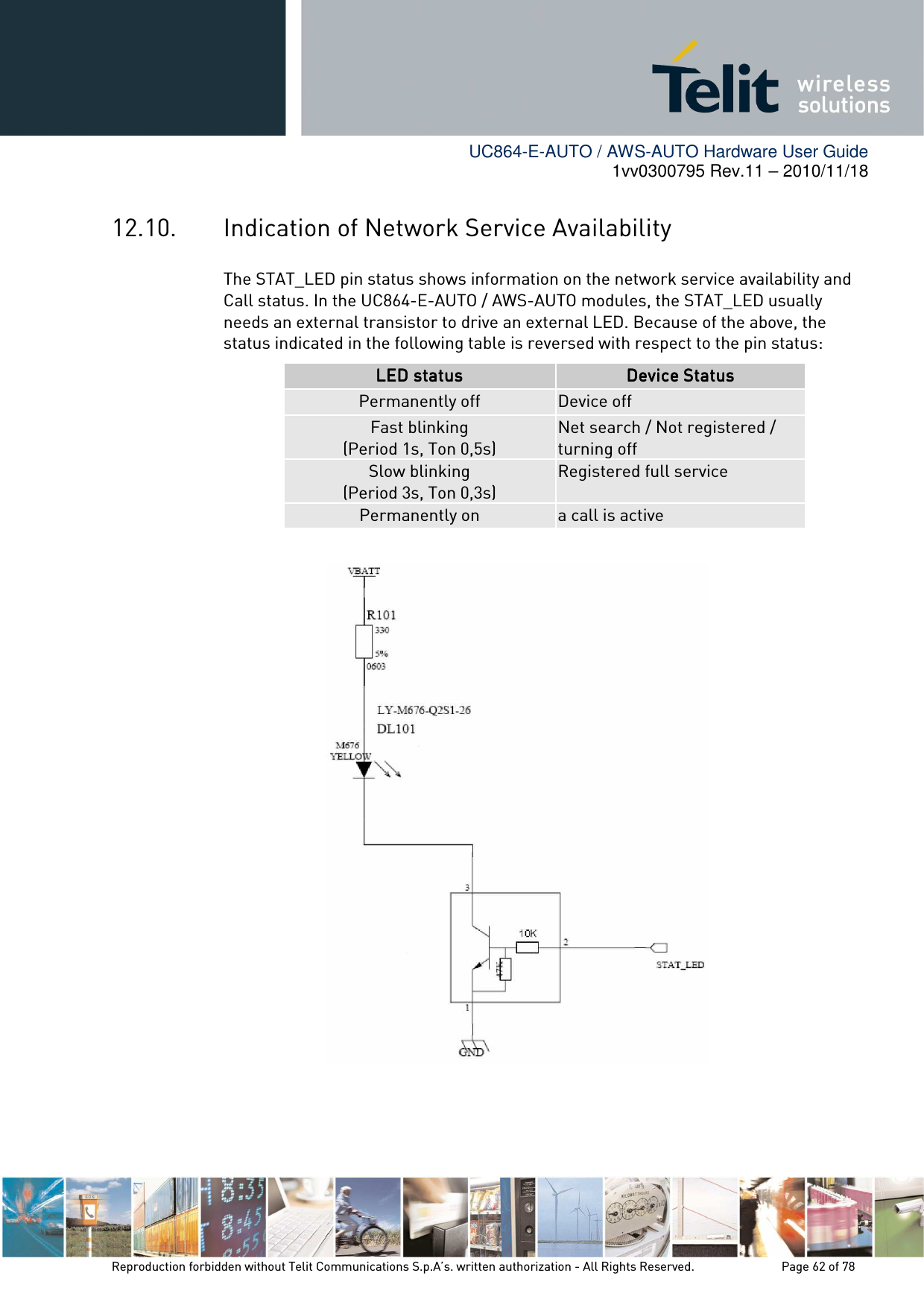        UC864-E-AUTO / AWS-AUTO Hardware User Guide 1vv0300795 Rev.11 – 2010/11/18     Reproduction forbidden without Telit Communications S.p.A’s. written authorization - All Rights Reserved.    Page 62 of 78  12.10. Indication of Network Service Availability The STAT_LED pin status shows information on the network service availability and Call status. In the UC864-E-AUTO / AWS-AUTO modules, the STAT_LED usually needs an external transistor to drive an external LED. Because of the above, the status indicated in the following table is reversed with respect to the pin status: LED statusLED statusLED statusLED status     DeviceDeviceDeviceDevice StatusStatusStatusStatus Permanently off  Device off Fast blinking (Period 1s, Ton 0,5s) Net search / Not registered / turning off Slow blinking (Period 3s, Ton 0,3s) Registered full service Permanently on  a call is active    