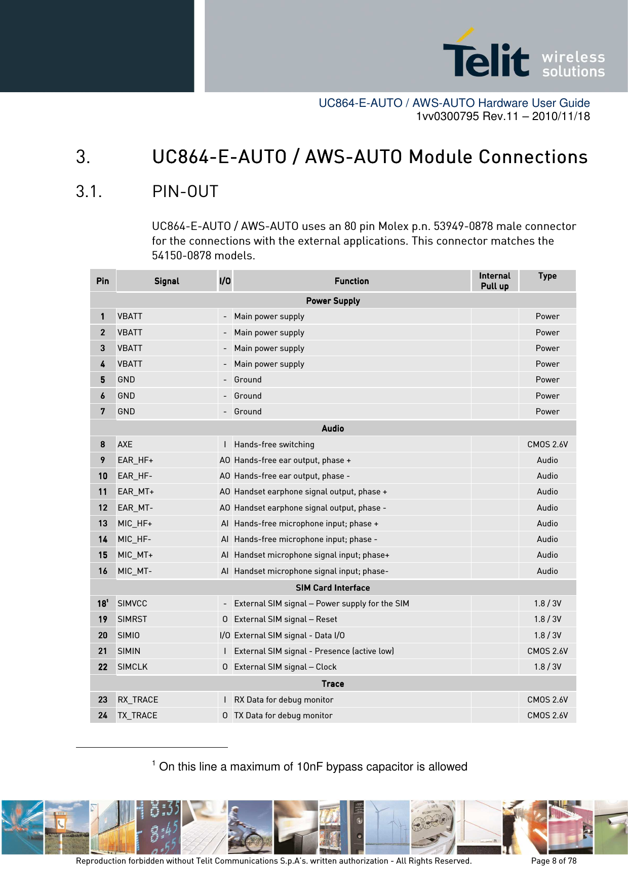        UC864-E-AUTO / AWS-AUTO Hardware User Guide 1vv0300795 Rev.11 – 2010/11/18     Reproduction forbidden without Telit Communications S.p.A’s. written authorization - All Rights Reserved.    Page 8 of 78  3. UC864UC864UC864UC864----EEEE----AUTOAUTOAUTOAUTO    / AWS/ AWS/ AWS/ AWS----AUTO AUTO AUTO AUTO MMMModule odule odule odule CCCConnections onnections onnections onnections     3.1. PIN-OUT UC864-E-AUTO / AWS-AUTO uses an 80 pin Molex p.n. 53949-0878 male connector for the connections with the external applications. This connector matches the 54150-0878 models. PinPinPinPin     SignalSignalSignalSignal     I/OI/OI/OI/O    FunctionFunctionFunctionFunction    InternalInternalInternalInternal    Pull upPull upPull upPull up    TypeTypeTypeType        Power SupplyPower SupplyPower SupplyPower Supply    1111     VBATT  - Main power supply    Power 2222     VBATT  - Main power supply    Power 3333     VBATT  - Main power supply    Power 4444     VBATT  - Main power supply    Power 5555     GND  - Ground    Power 6666     GND  - Ground    Power 7777     GND  - Ground    Power AudioAudioAudioAudio    8888     AXE  I  Hands-free switching    CMOS 2.6V 9999     EAR_HF+  AO Hands-free ear output, phase +    Audio 10101010     EAR_HF-  AO Hands-free ear output, phase -    Audio 11111111     EAR_MT+  AO Handset earphone signal output, phase +    Audio 12121212     EAR_MT-  AO Handset earphone signal output, phase -    Audio 13131313     MIC_HF+  AI Hands-free microphone input; phase +     Audio 14141414     MIC_HF-  AI Hands-free microphone input; phase -     Audio 15151515     MIC_MT+  AI Handset microphone signal input; phase+     Audio 16161616     MIC_MT-  AI Handset microphone signal input; phase-    Audio SIM Card InterfaceSIM Card InterfaceSIM Card InterfaceSIM Card Interface    181818181111     SIMVCC  - External SIM signal – Power supply for the SIM    1.8 / 3V 19191919     SIMRST  O External SIM signal – Reset    1.8 / 3V 20202020     SIMIO  I/O External SIM signal - Data I/O    1.8 / 3V 21212121     SIMIN  I  External SIM signal - Presence (active low)    CMOS 2.6V 22222222     SIMCLK  O External SIM signal – Clock    1.8 / 3V TraceTraceTraceTrace    23232323     RX_TRACE  I  RX Data for debug monitor    CMOS 2.6V 24242424     TX_TRACE  O TX Data for debug monitor    CMOS 2.6V                                                       1 On this line a maximum of 10nF bypass capacitor is allowed 