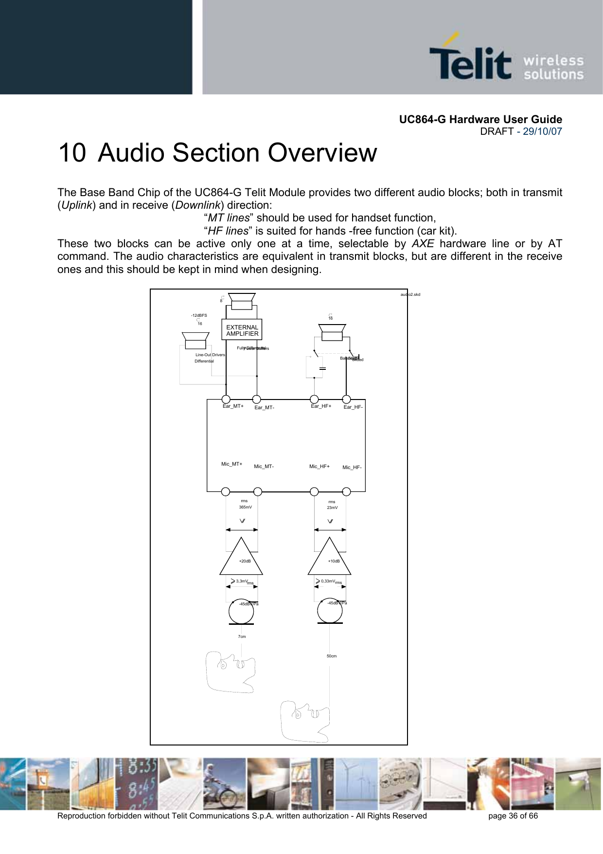       UC864-G Hardware User Guide  DRAFT - 29/10/07      Reproduction forbidden without Telit Communications S.p.A. written authorization - All Rights Reserved    page 36 of 66  10  Audio Section Overview The Base Band Chip of the UC864-G Telit Module provides two different audio blocks; both in transmit (Uplink) and in receive (Downlink) direction:  “MT lines” should be used for handset function,   “HF lines” is suited for hands -free function (car kit). These two blocks can be active only one at a time, selectable by AXE hardware line or by AT command. The audio characteristics are equivalent in transmit blocks, but are different in the receive ones and this should be kept in mind when designing.       Differential Line-Out Drivers Fully Differential  Power Buffers EXTERNALAMPLIFIER-12dBFS   168 16+10dB-45dBV/PaMic_HF-Ear_HF-BalancedSingle endedMic_HF+Ear_HF+50cm23mVrms0,33mVrmsaudio2.skd +20dB7cm-45dBV/Pa3,3mVrms365mVrmsMic_MT+ Ear_MT+ Mic_MT-Ear_MT-