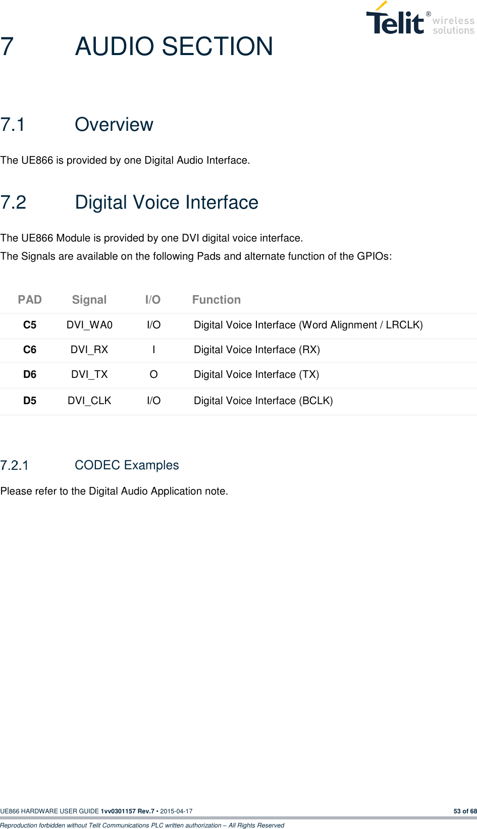  UE866 HARDWARE USER GUIDE 1vv0301157 Rev.7 • 2015-04-17 53 of 68 Reproduction forbidden without Telit Communications PLC written authorization – All Rights Reserved 7  AUDIO SECTION 7.1  Overview The UE866 is provided by one Digital Audio Interface. 7.2  Digital Voice Interface The UE866 Module is provided by one DVI digital voice interface. The Signals are available on the following Pads and alternate function of the GPIOs: PAD Signal I/O Function C5 DVI_WA0 I/O Digital Voice Interface (Word Alignment / LRCLK) C6 DVI_RX I Digital Voice Interface (RX) D6 DVI_TX O Digital Voice Interface (TX) D5 DVI_CLK I/O Digital Voice Interface (BCLK)    CODEC Examples Please refer to the Digital Audio Application note.  