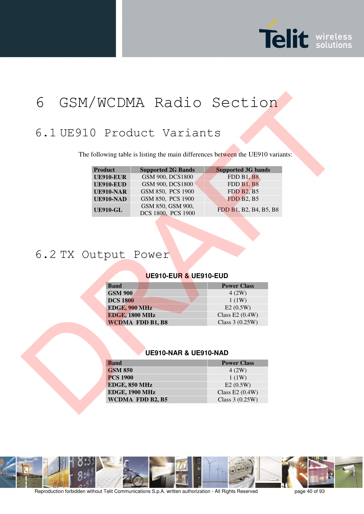 Reproduction forbidden without Telit Communications S.p.A. written authorization - All Rights Reserved  page 40 of 93 6 GSM/WCDMA Radio Section 6.1 UE910 Product Variants The following table is listing the main differences between the UE910 variants: Product Supported 2G Bands Supported 3G bands UE910-EUR GSM 900, DCS1800 FDD B1, B8 UE910-EUD GSM 900, DCS1800 FDD B1, B8 UE910-NAR GSM 850,  PCS 1900 FDD B2, B5 UE910-NAD GSM 850,  PCS 1900 FDD B2, B5 UE910-GL GSM 850, GSM 900,  DCS 1800,  PCS 1900 FDD B1, B2, B4, B5, B8 6.2 TX Output Power UE910-EUR &amp; UE910-EUD UE910-NAR &amp; UE910-NAD Band Power Class GSM 900 4 (2W) DCS 1800 1 (1W) EDGE, 900 MHz E2 (0.5W) EDGE, 1800 MHz Class E2 (0.4W) WCDMA  FDD B1, B8 Class 3 (0.25W) Band Power Class GSM 850 4 (2W) PCS 1900 1 (1W) EDGE, 850 MHz E2 (0.5W) EDGE, 1900 MHz Class E2 (0.4W) WCDMA  FDD B2, B5 Class 3 (0.25W) DRAFT