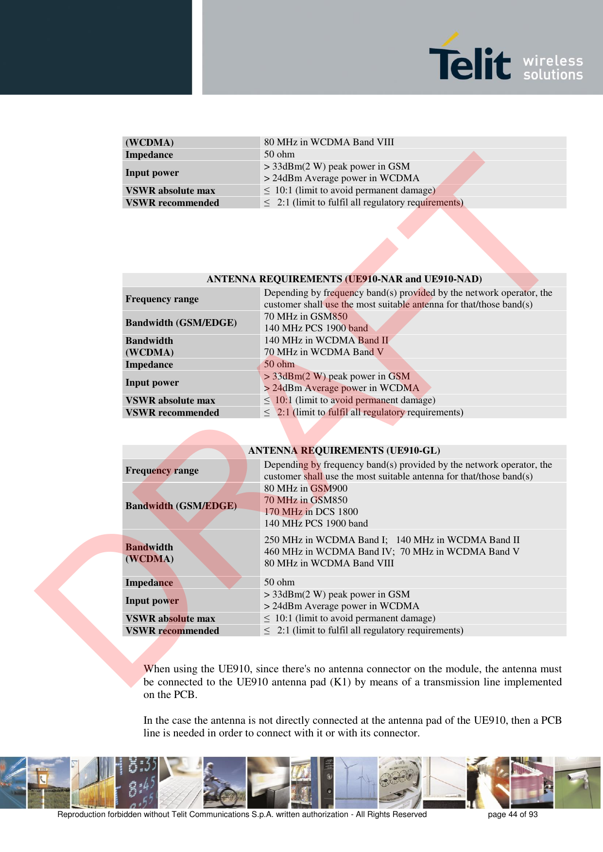 Reproduction forbidden without Telit Communications S.p.A. written authorization - All Rights Reserved  page 44 of 93 (WCDMA) 80 MHz in WCDMA Band VIII Impedance 50 ohm Input power &gt; 33dBm(2 W) peak power in GSM&gt; 24dBm Average power in WCDMAVSWR absolute max ≤  10:1 (limit to avoid permanent damage) VSWR recommended ≤   2:1 (limit to fulfil all regulatory requirements) ANTENNA REQUIREMENTS (UE910-NAR and UE910-NAD) Frequency range Depending by frequency band(s) provided by the network operator, the customer shall use the most suitable antenna for that/those band(s) Bandwidth (GSM/EDGE) 70 MHz in GSM850 140 MHz PCS 1900 band Bandwidth (WCDMA) 140 MHz in WCDMA Band II 70 MHz in WCDMA Band V  Impedance 50 ohm Input power &gt; 33dBm(2 W) peak power in GSM&gt; 24dBm Average power in WCDMAVSWR absolute max ≤  10:1 (limit to avoid permanent damage) VSWR recommended ≤   2:1 (limit to fulfil all regulatory requirements) ANTENNA REQUIREMENTS (UE910-GL) Frequency range Depending by frequency band(s) provided by the network operator, the customer shall use the most suitable antenna for that/those band(s) Bandwidth (GSM/EDGE) 80 MHz in GSM900 70 MHz in GSM850 170 MHz in DCS 1800 140 MHz PCS 1900 band Bandwidth (WCDMA) 250 MHz in WCDMA Band I;   140 MHz in WCDMA Band II460 MHz in WCDMA Band IV;  70 MHz in WCDMA Band V  80 MHz in WCDMA Band VIII Impedance 50 ohm Input power &gt; 33dBm(2 W) peak power in GSM&gt; 24dBm Average power in WCDMAVSWR absolute max ≤  10:1 (limit to avoid permanent damage) VSWR recommended ≤   2:1 (limit to fulfil all regulatory requirements) When using the UE910, since there&apos;s no antenna connector on the module, the antenna must be connected to the UE910 antenna pad (K1) by means of a transmission line implemented on the PCB. In the case the antenna is not directly connected at the antenna pad of the UE910, then a PCB line is needed in order to connect with it or with its connector.  DRAFT