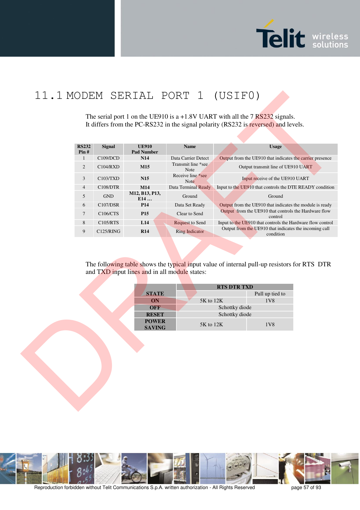 Reproduction forbidden without Telit Communications S.p.A. written authorization - All Rights Reserved  page 57 of 93 11.1 MODEM SERIAL PORT 1 (USIF0) The serial port 1 on the UE910 is a +1.8V UART with all the 7 RS232 signals.  It differs from the PC-RS232 in the signal polarity (RS232 is reversed) and levels. RS232 Pin # Signal UE910 Pad Number Name Usage 1 C109/DCD N14 Data Carrier Detect Output from the UE910 that indicates the carrier presence 2 C104/RXD M15 Transmit line *see Note Output transmit line of UE910 UART 3 C103/TXD N15 Receive line *see Note Input receive of the UE910 UART 4 C108/DTR M14 Data Terminal Ready Input to the UE910 that controls the DTE READY condition 5 GND M12, B13, P13, E14 … Ground Ground 6 C107/DSR P14 Data Set Ready Output from the UE910 that indicates the module is ready 7 C106/CTS P15 Clear to Send Output  from the UE910 that controls the Hardware flow control 8 C105/RTS L14 Request to Send Input to the UE910 that controls the Hardware flow control 9 C125/RING R14 Ring Indicator Output from the UE910 that indicates the incoming call condition The following table shows the typical input value of internal pull-up resistors for RTS  DTR and TXD input lines and in all module states: STATE RTS DTR TXD Pull up tied to ON 5K to 12K 1V8 OFF Schottky diode RESET Schottky diode POWER SAVING 5K to 12K 1V8 DRAFT