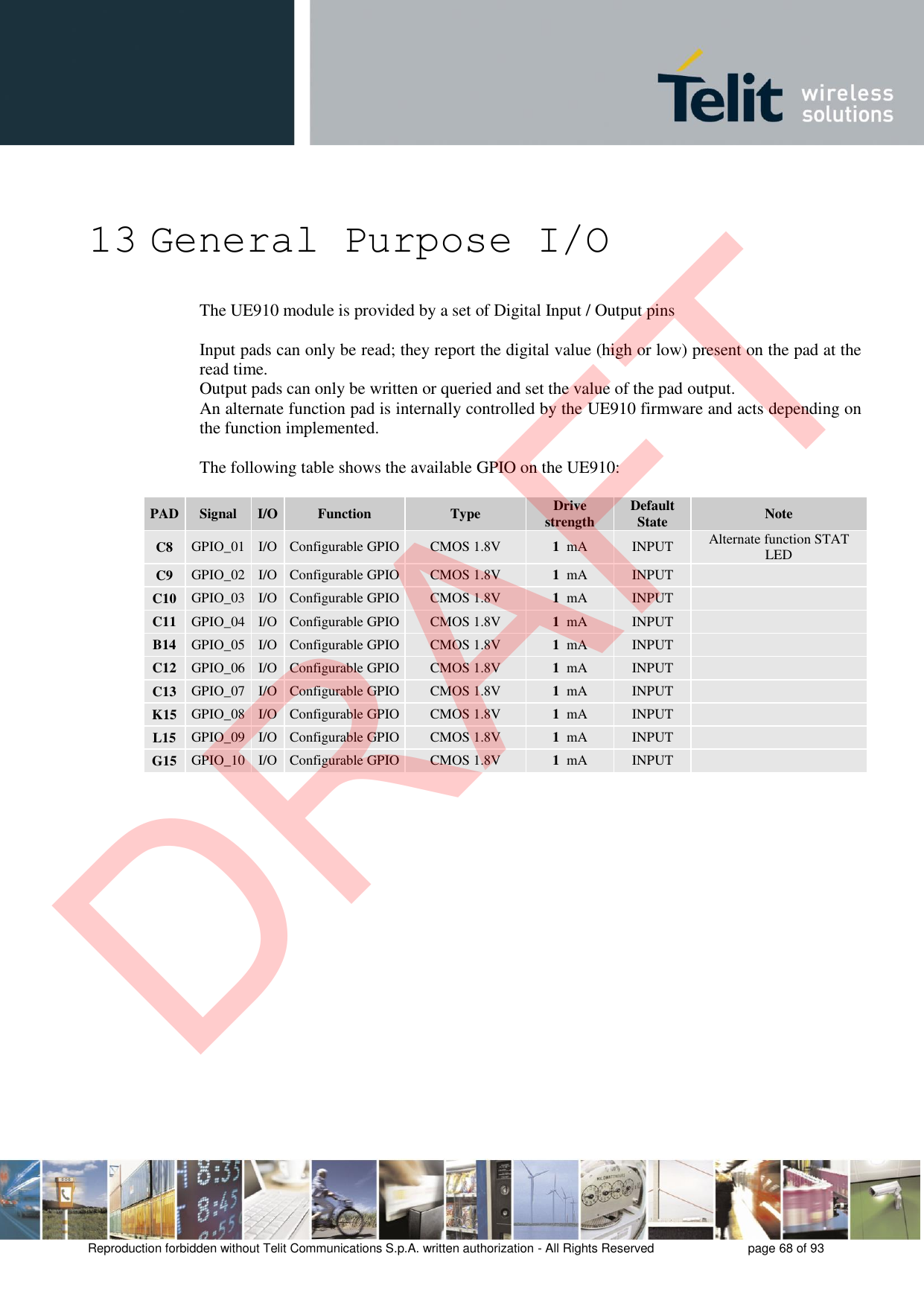 Reproduction forbidden without Telit Communications S.p.A. written authorization - All Rights Reserved  page 68 of 93 13 General Purpose I/O The UE910 module is provided by a set of Digital Input / Output pins Input pads can only be read; they report the digital value (high or low) present on the pad at the read time. Output pads can only be written or queried and set the value of the pad output. An alternate function pad is internally controlled by the UE910 firmware and acts depending on the function implemented.   The following table shows the available GPIO on the UE910: PAD Signal I/O Function Type Drive strength Default State Note C8 GPIO_01 I/O Configurable GPIO CMOS 1.8V 1  mA INPUT Alternate function STAT LED C9 GPIO_02 I/O Configurable GPIO CMOS 1.8V 1  mA INPUT C10 GPIO_03 I/O Configurable GPIO CMOS 1.8V 1  mA INPUT C11 GPIO_04 I/O Configurable GPIO CMOS 1.8V 1  mA INPUT B14 GPIO_05 I/O Configurable GPIO CMOS 1.8V 1  mA INPUT C12 GPIO_06 I/O Configurable GPIO CMOS 1.8V 1  mA INPUT C13 GPIO_07 I/O Configurable GPIO CMOS 1.8V 1  mA INPUT K15 GPIO_08 I/O Configurable GPIO CMOS 1.8V 1  mA INPUT L15 GPIO_09 I/O Configurable GPIO CMOS 1.8V 1  mA INPUT G15 GPIO_10 I/O Configurable GPIO CMOS 1.8V 1  mA INPUT DRAFT