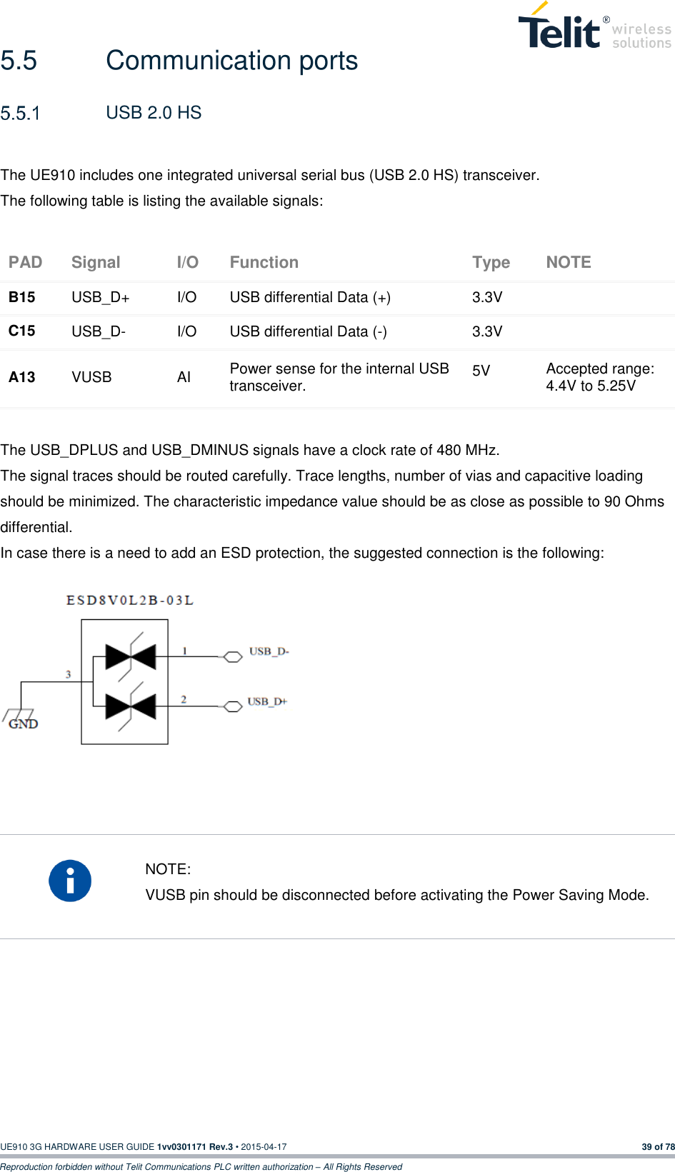  UE910 3G HARDWARE USER GUIDE 1vv0301171 Rev.3 • 2015-04-17 39 of 78 Reproduction forbidden without Telit Communications PLC written authorization – All Rights Reserved 5.5  Communication ports   USB 2.0 HS  The UE910 includes one integrated universal serial bus (USB 2.0 HS) transceiver. The following table is listing the available signals: PAD Signal I/O Function Type NOTE B15 USB_D+ I/O USB differential Data (+) 3.3V  C15 USB_D- I/O USB differential Data (-) 3.3V  A13 VUSB AI Power sense for the internal USB transceiver. 5V Accepted range: 4.4V to 5.25V  The USB_DPLUS and USB_DMINUS signals have a clock rate of 480 MHz.  The signal traces should be routed carefully. Trace lengths, number of vias and capacitive loading should be minimized. The characteristic impedance value should be as close as possible to 90 Ohms differential.  In case there is a need to add an ESD protection, the suggested connection is the following:               NOTE: VUSB pin should be disconnected before activating the Power Saving Mode.        