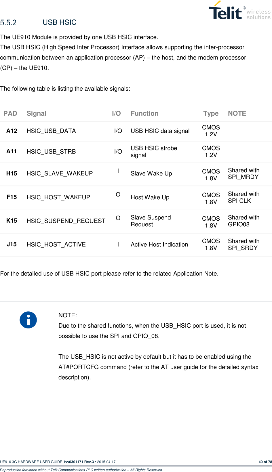  UE910 3G HARDWARE USER GUIDE 1vv0301171 Rev.3 • 2015-04-17 40 of 78 Reproduction forbidden without Telit Communications PLC written authorization – All Rights Reserved   USB HSIC The UE910 Module is provided by one USB HSIC interface.   The USB HSIC (High Speed Inter Processor) Interface allows supporting the inter-processor  communication between an application processor (AP) – the host, and the modem processor  (CP) – the UE910.  The following table is listing the available signals: PAD Signal I/O Function Type NOTE A12 HSIC_USB_DATA I/O USB HSIC data signal CMOS 1.2V  A11 HSIC_USB_STRB I/O USB HSIC strobe signal CMOS 1.2V  H15 HSIC_SLAVE_WAKEUP I Slave Wake Up CMOS 1.8V Shared with SPI_MRDY F15 HSIC_HOST_WAKEUP O Host Wake Up CMOS 1.8V Shared with SPI CLK K15 HSIC_SUSPEND_REQUEST O Slave Suspend Request CMOS 1.8V Shared with GPIO08  J15 HSIC_HOST_ACTIVE I Active Host Indication CMOS 1.8V Shared with SPI_SRDY  For the detailed use of USB HSIC port please refer to the related Application Note.     NOTE: Due to the shared functions, when the USB_HSIC port is used, it is not possible to use the SPI and GPIO_08.  The USB_HSIC is not active by default but it has to be enabled using the AT#PORTCFG command (refer to the AT user guide for the detailed syntax description).     