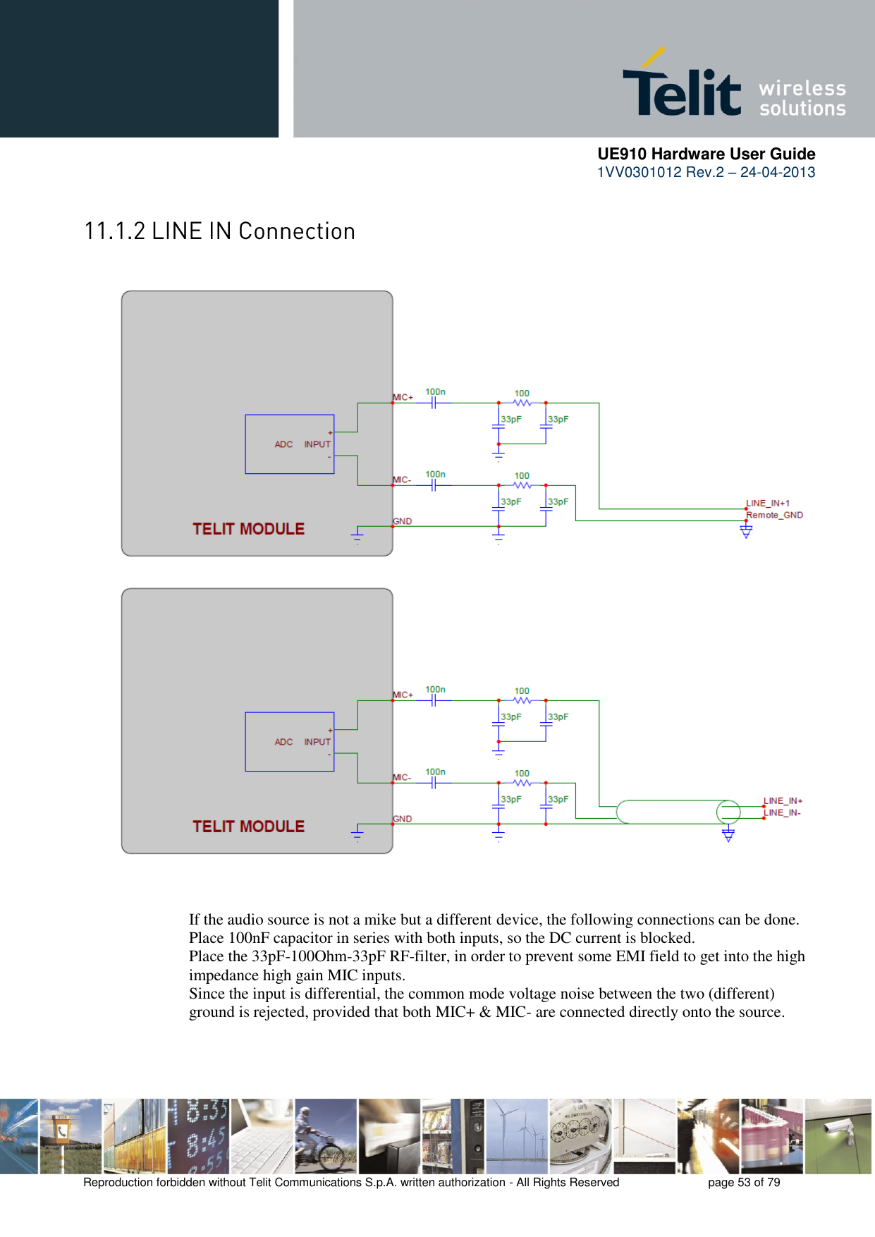      UE910 Hardware User Guide  1VV0301012 Rev.2 – 24-04-2013    Reproduction forbidden without Telit Communications S.p.A. written authorization - All Rights Reserved    page 53 of 79     If the audio source is not a mike but a different device, the following connections can be done. Place 100nF capacitor in series with both inputs, so the DC current is blocked. Place the 33pF-100Ohm-33pF RF-filter, in order to prevent some EMI field to get into the high impedance high gain MIC inputs. Since the input is differential, the common mode voltage noise between the two (different) ground is rejected, provided that both MIC+ &amp; MIC- are connected directly onto the source.    