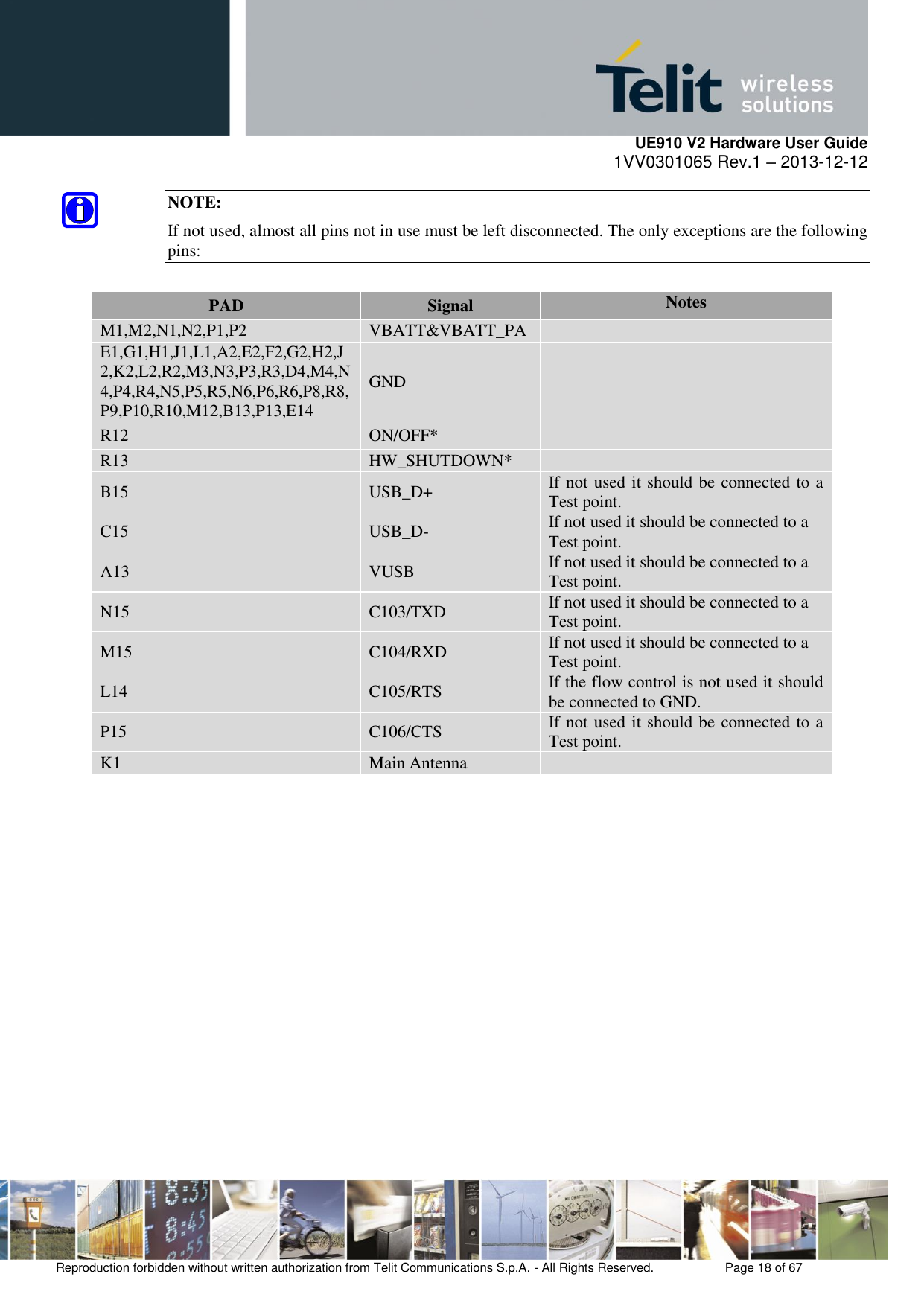     UE910 V2 Hardware User Guide 1VV0301065 Rev.1 – 2013-12-12  Reproduction forbidden without written authorization from Telit Communications S.p.A. - All Rights Reserved.    Page 18 of 67                                                     NOTE: If not used, almost all pins not in use must be left disconnected. The only exceptions are the following pins:  PAD Signal Notes M1,M2,N1,N2,P1,P2 VBATT&amp;VBATT_PA  E1,G1,H1,J1,L1,A2,E2,F2,G2,H2,J2,K2,L2,R2,M3,N3,P3,R3,D4,M4,N4,P4,R4,N5,P5,R5,N6,P6,R6,P8,R8,P9,P10,R10,M12,B13,P13,E14 GND  R12 ON/OFF*  R13 HW_SHUTDOWN*  B15 USB_D+ If not used it should be connected to a Test point. C15 USB_D- If not used it should be connected to a Test point. A13 VUSB If not used it should be connected to a Test point. N15 C103/TXD If not used it should be connected to a Test point. M15 C104/RXD If not used it should be connected to a Test point. L14 C105/RTS If the flow control is not used it should be connected to GND. P15 C106/CTS If not used it should be connected to a Test point. K1 Main Antenna          