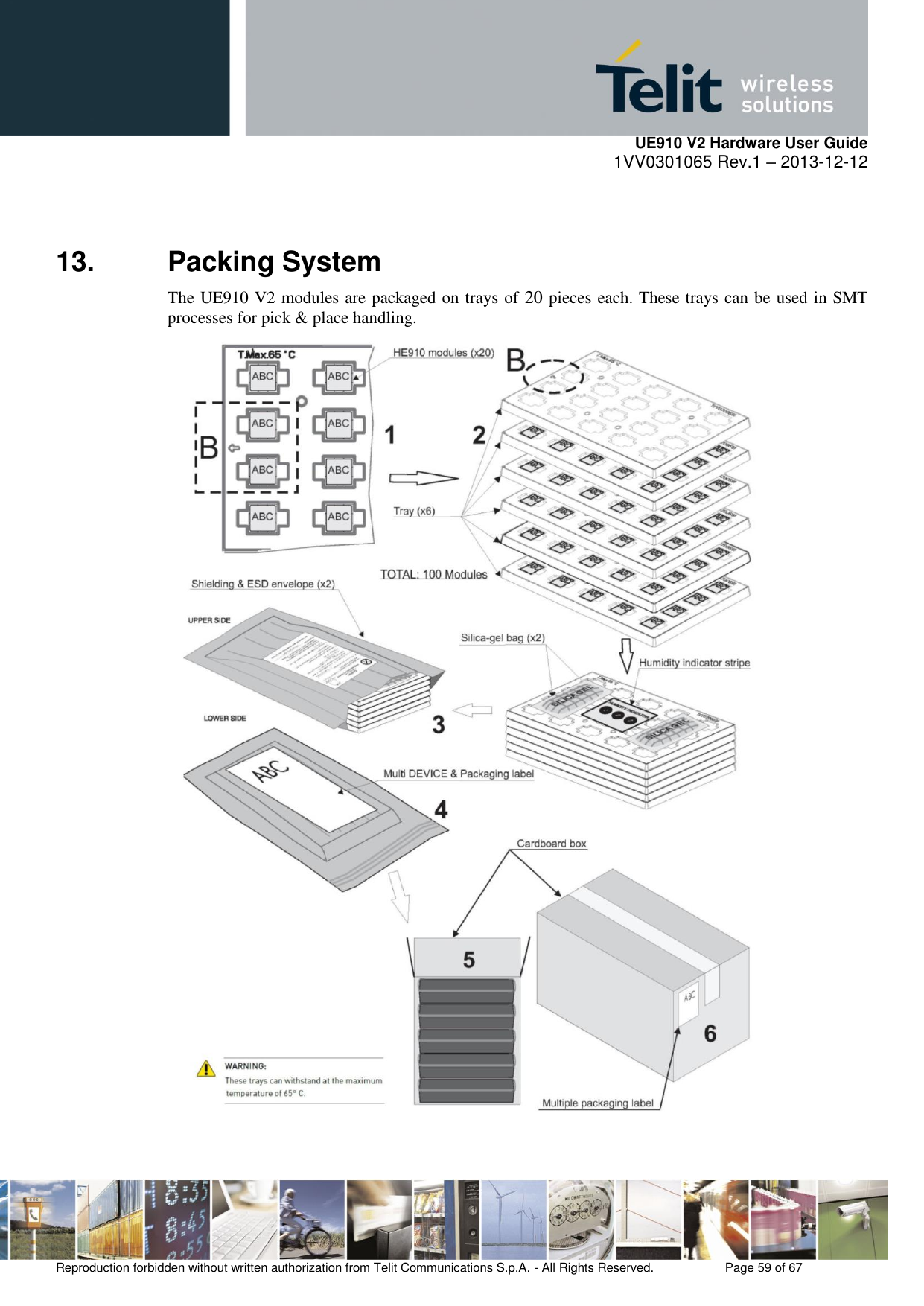     UE910 V2 Hardware User Guide 1VV0301065 Rev.1 – 2013-12-12  Reproduction forbidden without written authorization from Telit Communications S.p.A. - All Rights Reserved.    Page 59 of 67                                                     13.  Packing System The UE910 V2 modules are packaged on trays of 20 pieces each. These trays can be used in SMT processes for pick &amp; place handling.   