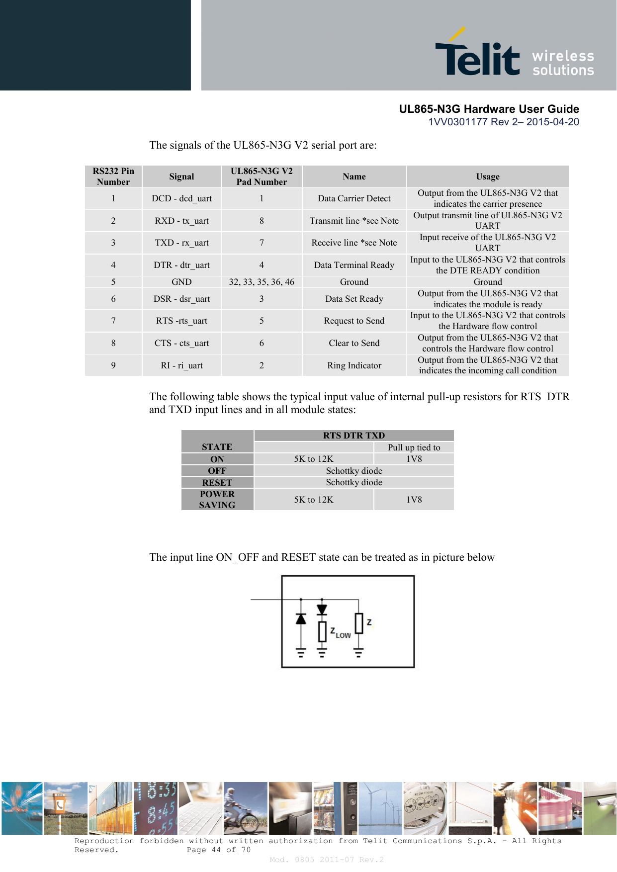      UL865-N3G Hardware User Guide 1VV0301177 Rev 2– 2015-04-20  Reproduction forbidden without written authorization from Telit Communications S.p.A. - All Rights Reserved.    Page 44 of 70 Mod. 0805 2011-07 Rev.2 The signals of the UL865-N3G V2 serial port are:  RS232 Pin Number  Signal  UL865-N3G V2 Pad Number  Name  Usage 1  DCD - dcd_uart  1  Data Carrier Detect  Output from the UL865-N3G V2 that indicates the carrier presence 2  RXD - tx_uart  8  Transmit line *see Note  Output transmit line of UL865-N3G V2 UART 3  TXD - rx_uart  7  Receive line *see Note  Input receive of the UL865-N3G V2 UART 4  DTR - dtr_uart  4  Data Terminal Ready  Input to the UL865-N3G V2 that controls the DTE READY condition 5  GND  32, 33, 35, 36, 46  Ground  Ground 6  DSR - dsr_uart  3  Data Set Ready  Output from the UL865-N3G V2 that indicates the module is ready 7  RTS -rts_uart  5  Request to Send  Input to the UL865-N3G V2 that controls the Hardware flow control 8  CTS - cts_uart  6  Clear to Send  Output from the UL865-N3G V2 that controls the Hardware flow control 9  RI - ri_uart  2  Ring Indicator  Output from the UL865-N3G V2 that indicates the incoming call condition  The following table shows the typical input value of internal pull-up resistors for RTS  DTR and TXD input lines and in all module states:   STATE RTS DTR TXD   Pull up tied to ON  5K to 12K  1V8 OFF  Schottky diode RESET  Schottky diode POWER SAVING  5K to 12K  1V8    The input line ON_OFF and RESET state can be treated as in picture below                